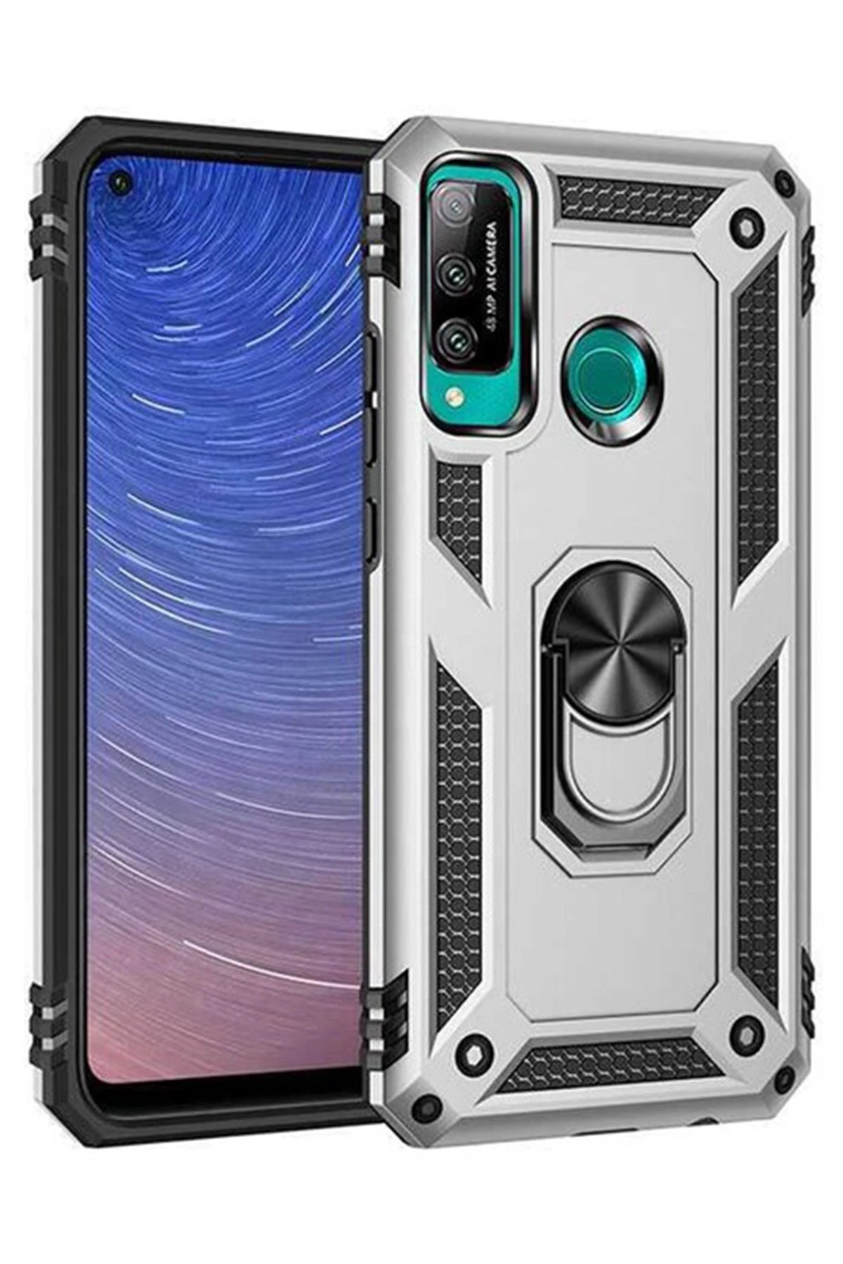 Huawei P40 Lite E Kılıf Sofya Yüzüklü Silikon Kapak - Gümüş-(5796)