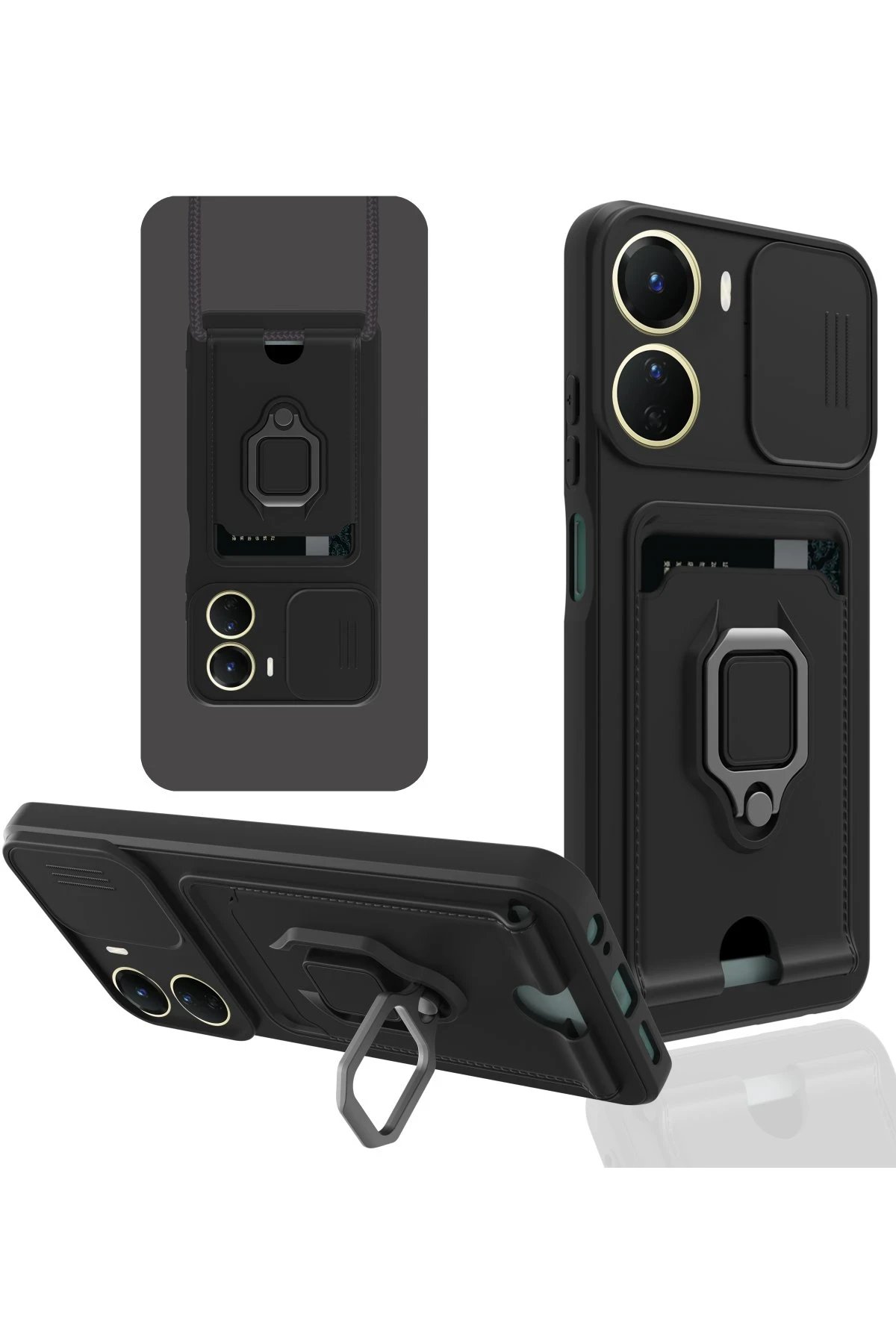 Vivo Y16 Kılıf Zuma Kartvizitli Yüzüklü Silikon - Siyah-(5796)