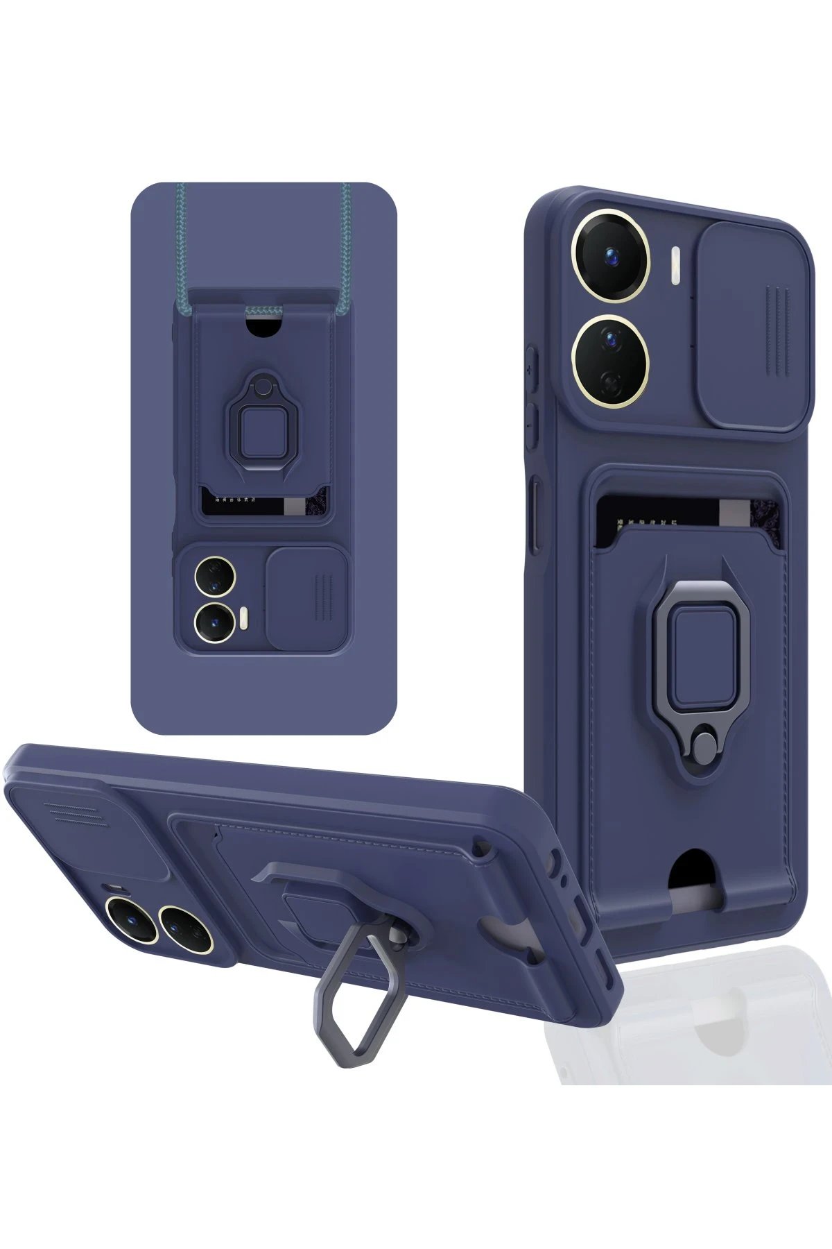 Vivo Y16 Kılıf Zuma Kartvizitli Yüzüklü Silikon - Lacivert-(5796)