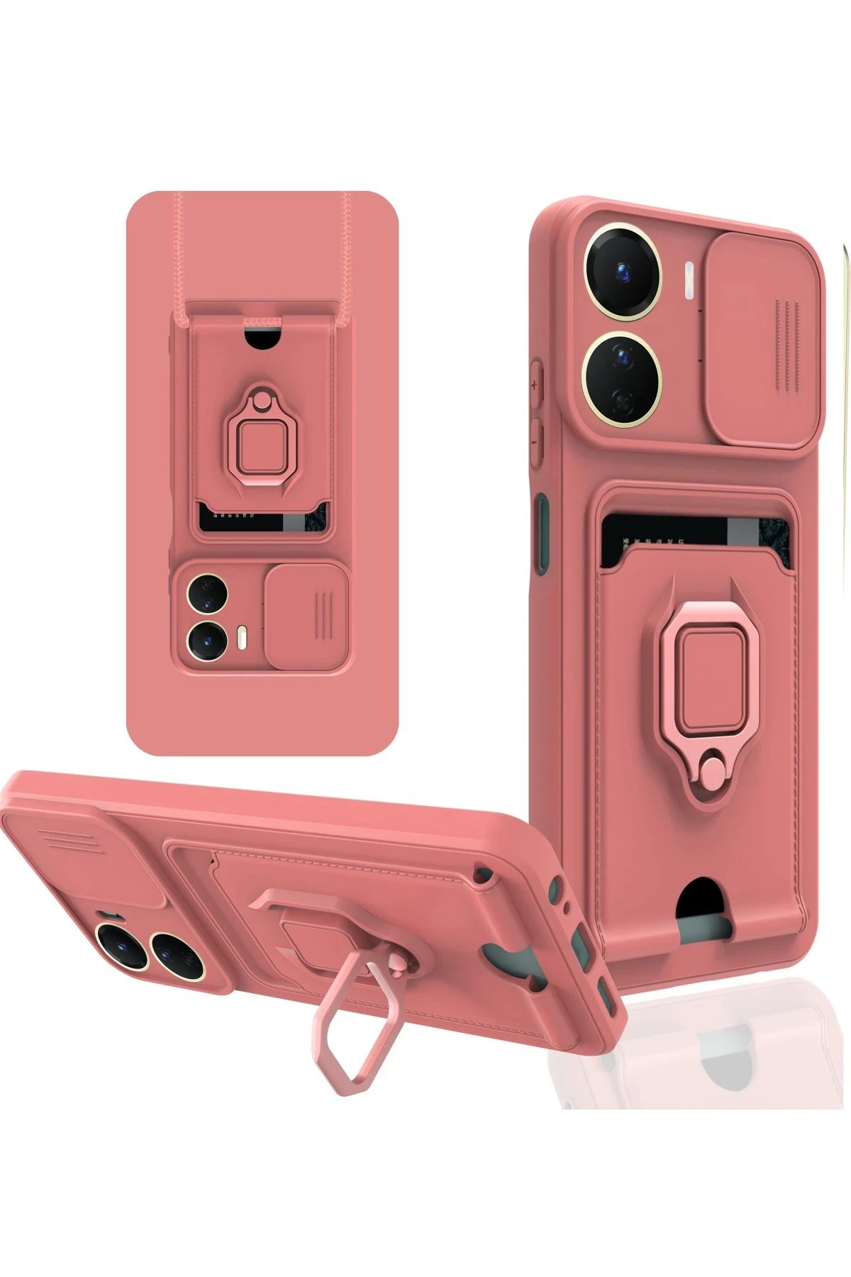 Vivo Y16 Kılıf Zuma Kartvizitli Yüzüklü Silikon - Pembe-(5796)
