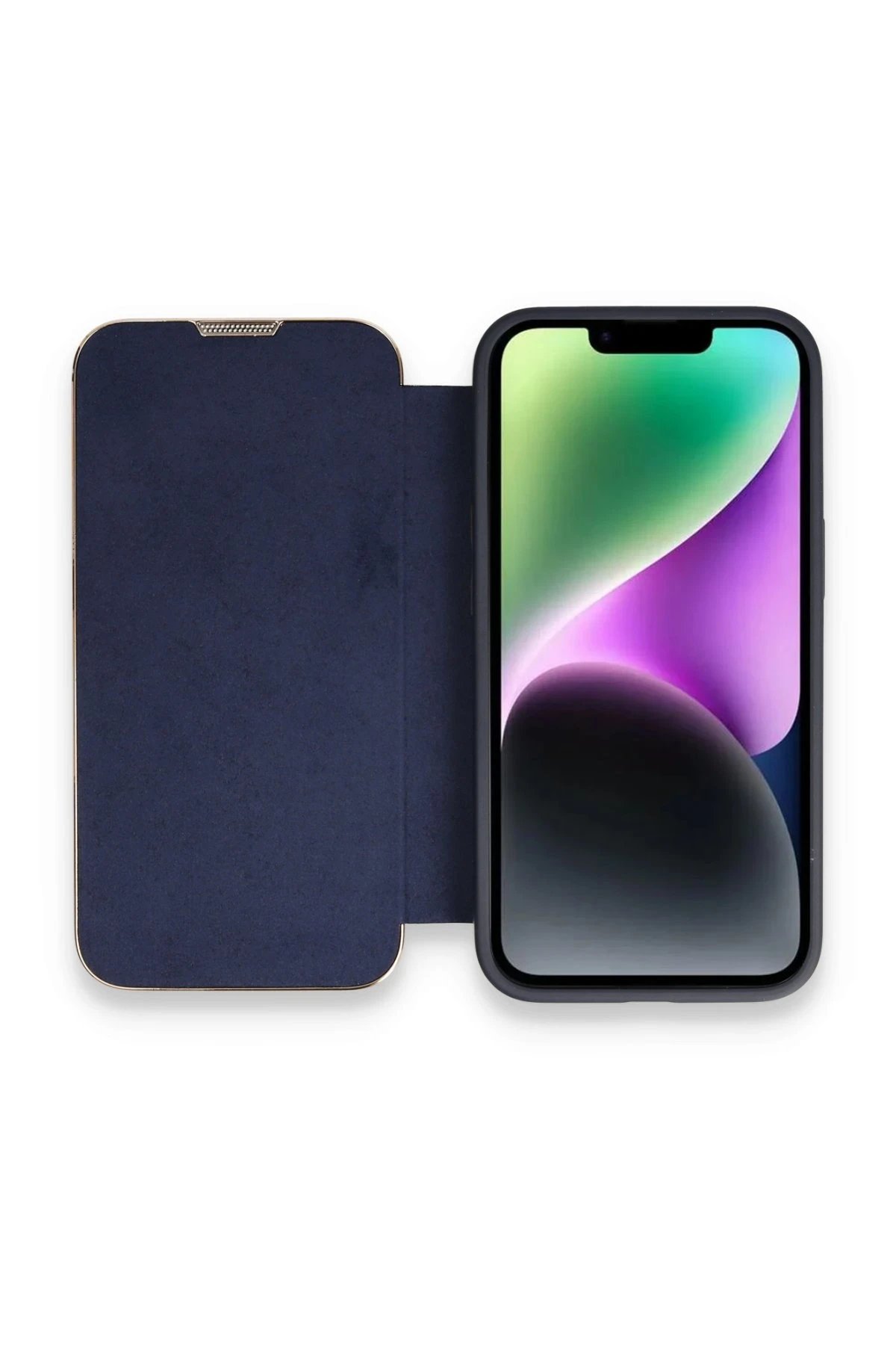 iPhone 14 Pro Kılıf Dolpin Kapaklı - Lacivert-(5796)