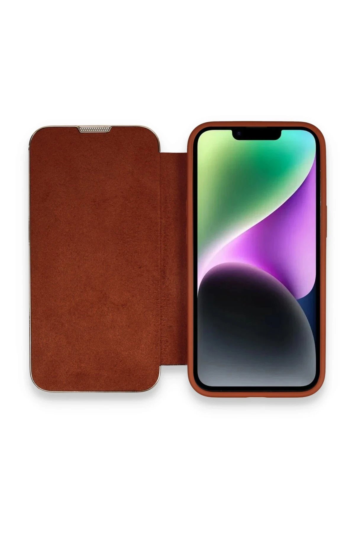 iPhone 14 Pro Kılıf Dolpin Kapaklı - Kahverengi-(5796)