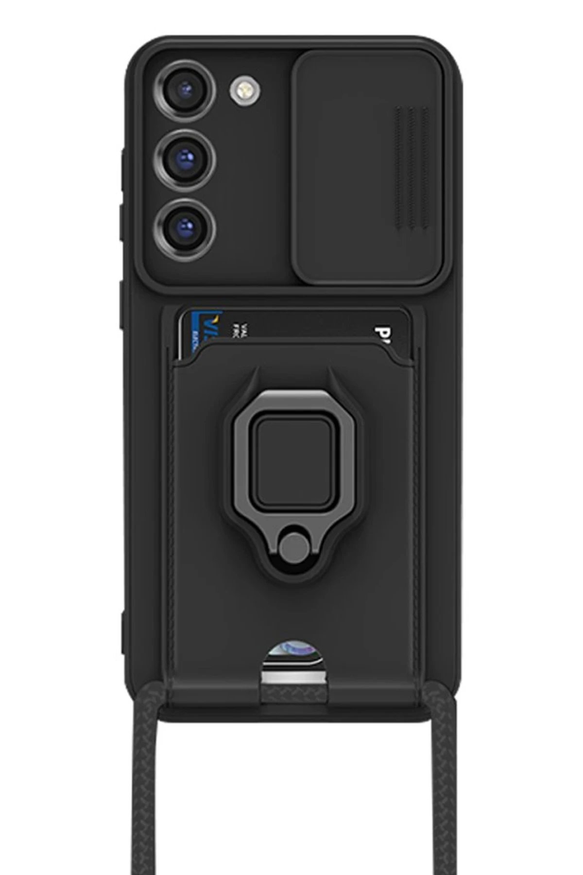 Samsung Galaxy S23 Plus Kılıf Zuma Kartvizitli Yüzüklü Silikon - Siyah-(5796)