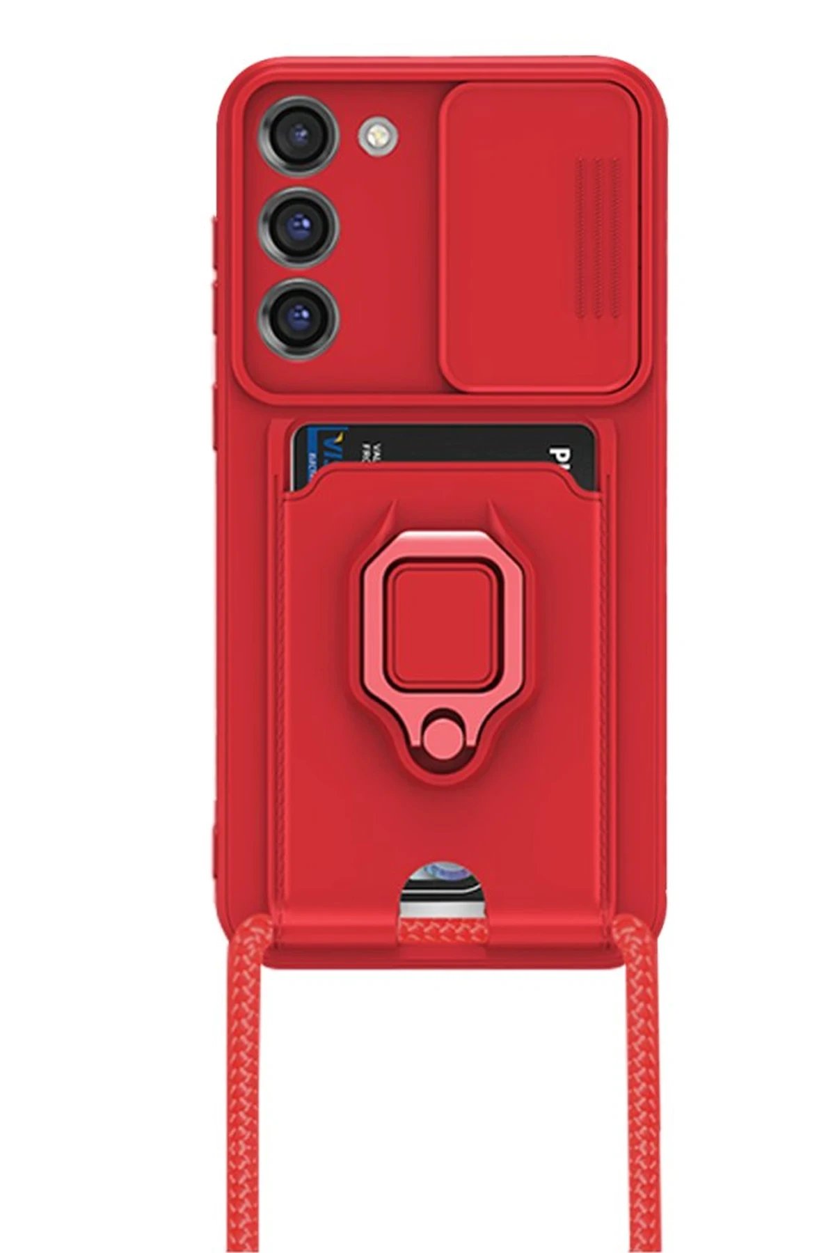 Samsung Galaxy S23 Plus Kılıf Zuma Kartvizitli Yüzüklü Silikon - Kırmızı-(5796)