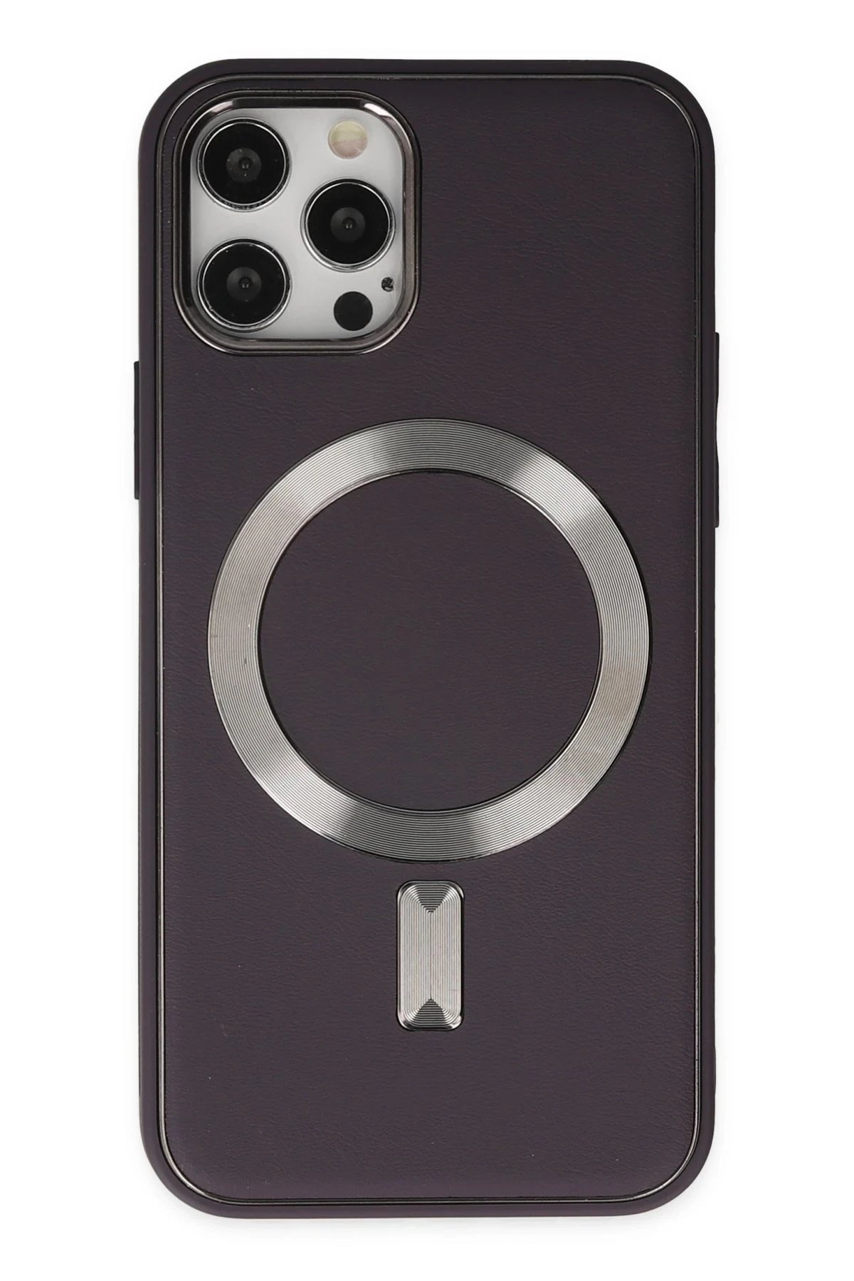 iPhone 12 Pro Max Kılıf Coco Deri Magneticsafe Silikon - Derin Mor-(5796)