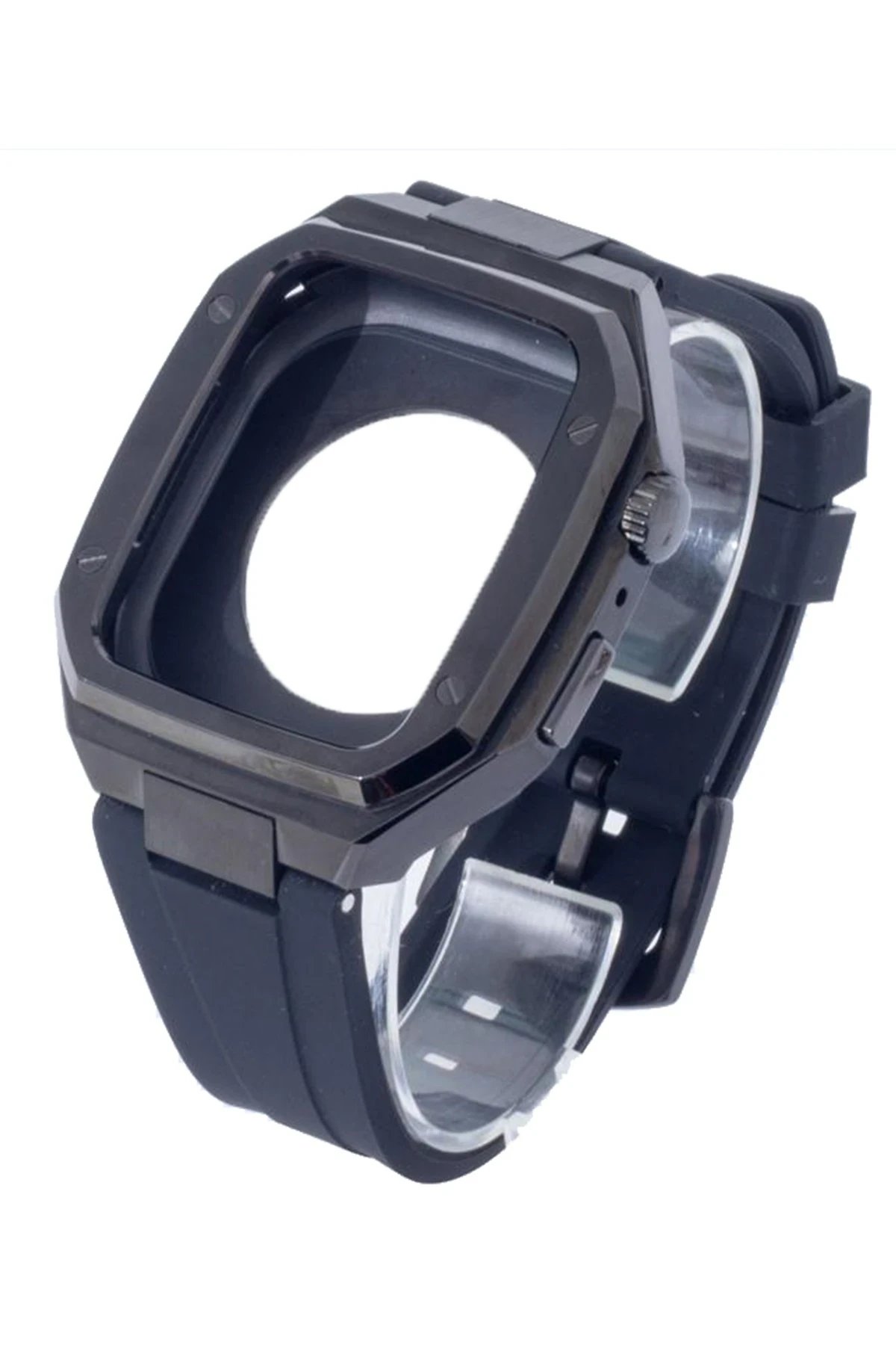 Apple Watch 44mm KR402 Metal Kasa Silikon Kordon - Siyah-(5796)