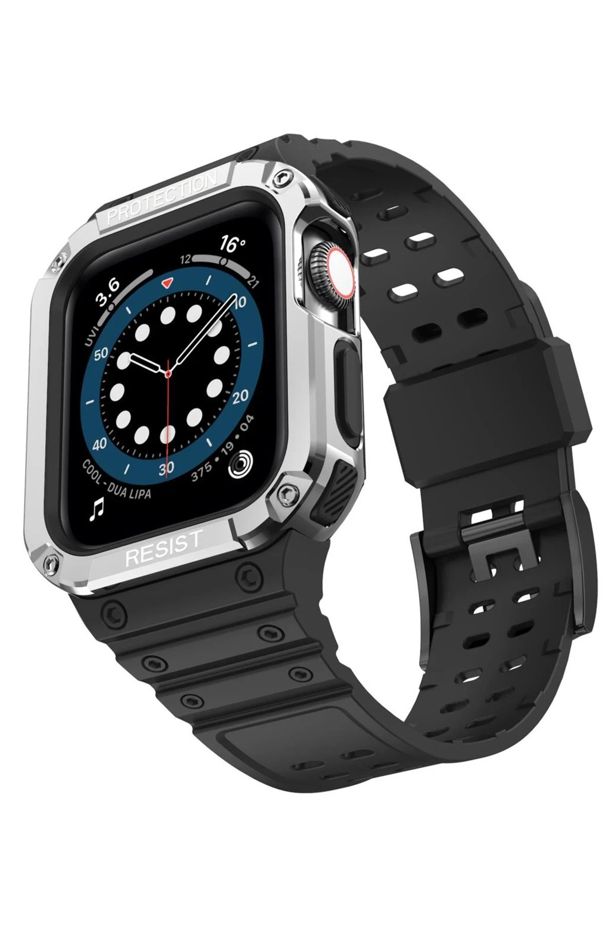 Apple Watch 42mm KR401 Silikon Kordon - Siyah-Gümüş-(5796)