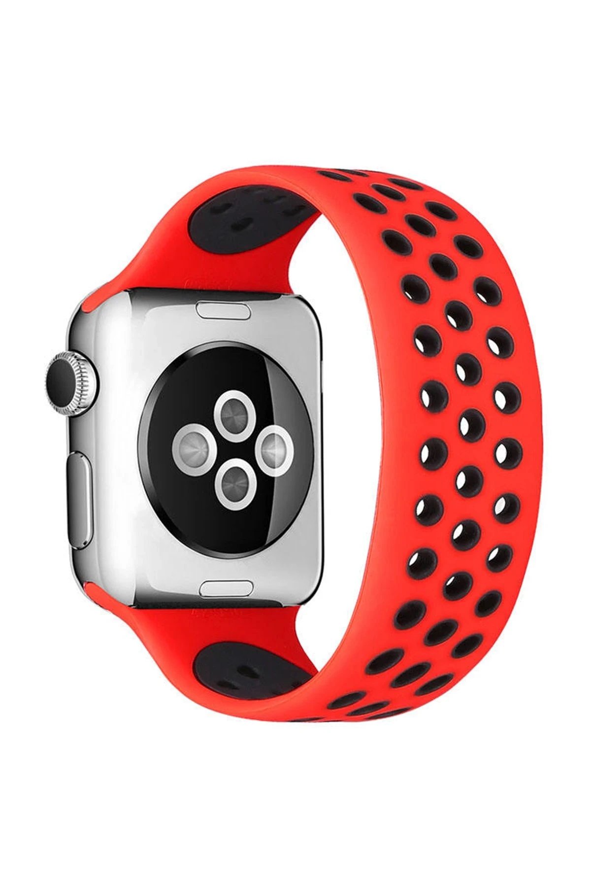 Apple Watch 42mm Ayarlı Delikli Silikon Kordon - Kırmızı-Siyah-(5796)