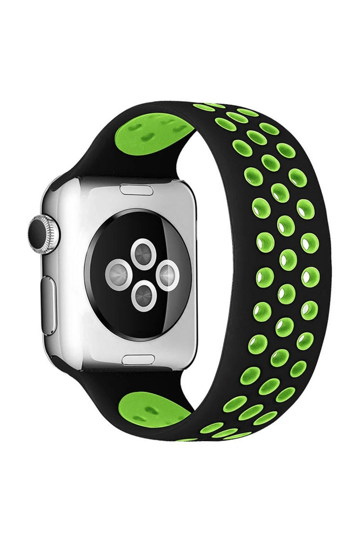 Apple Watch 42mm Ayarlı Delikli Silikon Kordon - Siyah-Yeşil-(5796)