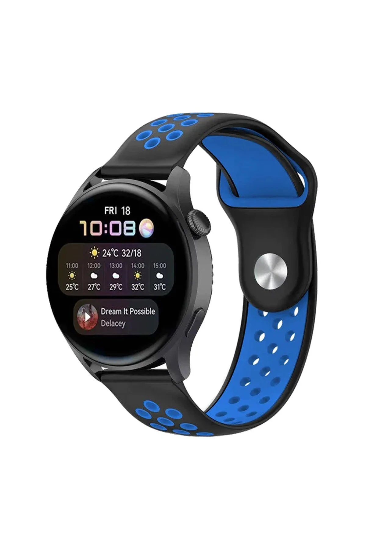 Watch 20mm Spor Delikli Kordon - Siyah-Mavi-(5796)