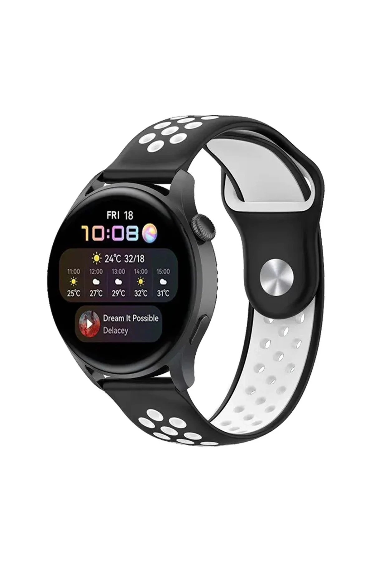 Watch 20mm Spor Delikli Kordon - Siyah-Beyaz-(5796)