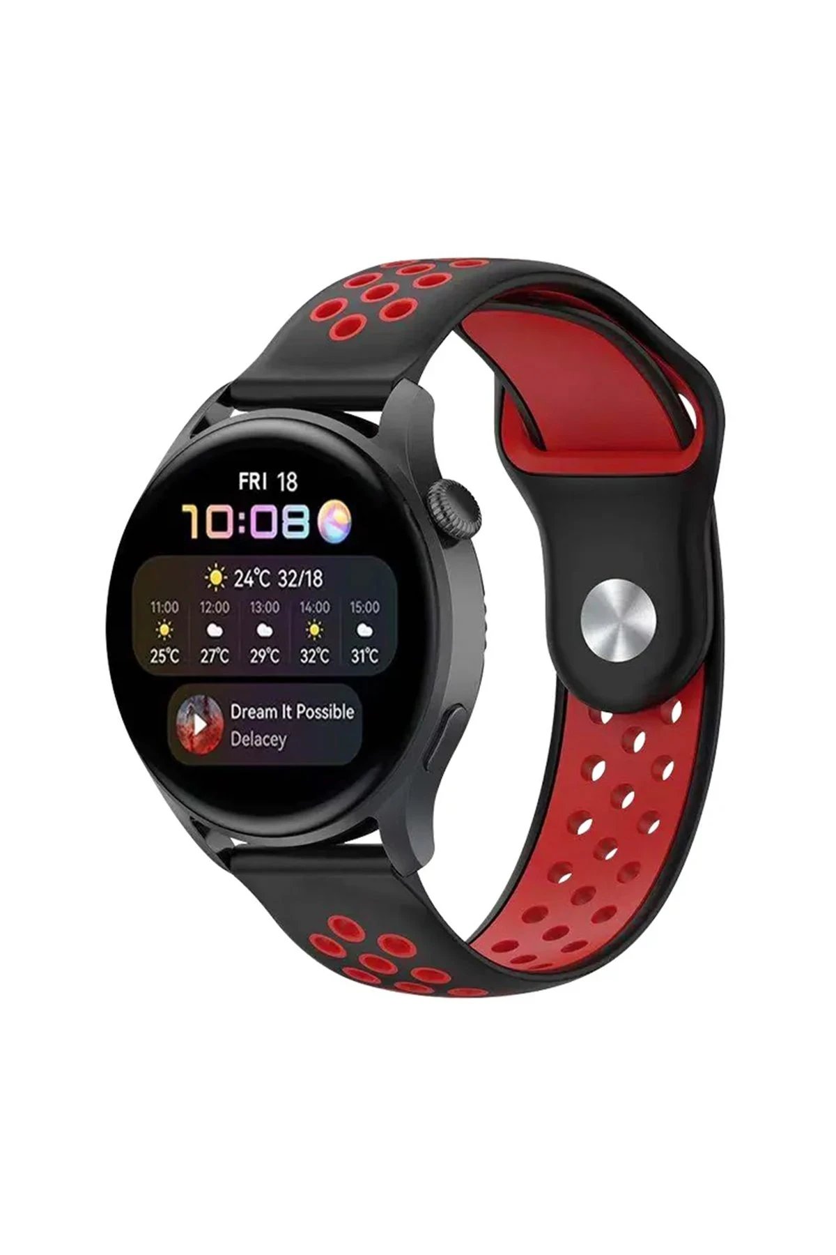 Watch 22mm Spor Delikli Kordon - Siyah-Kırmızı-(5796)