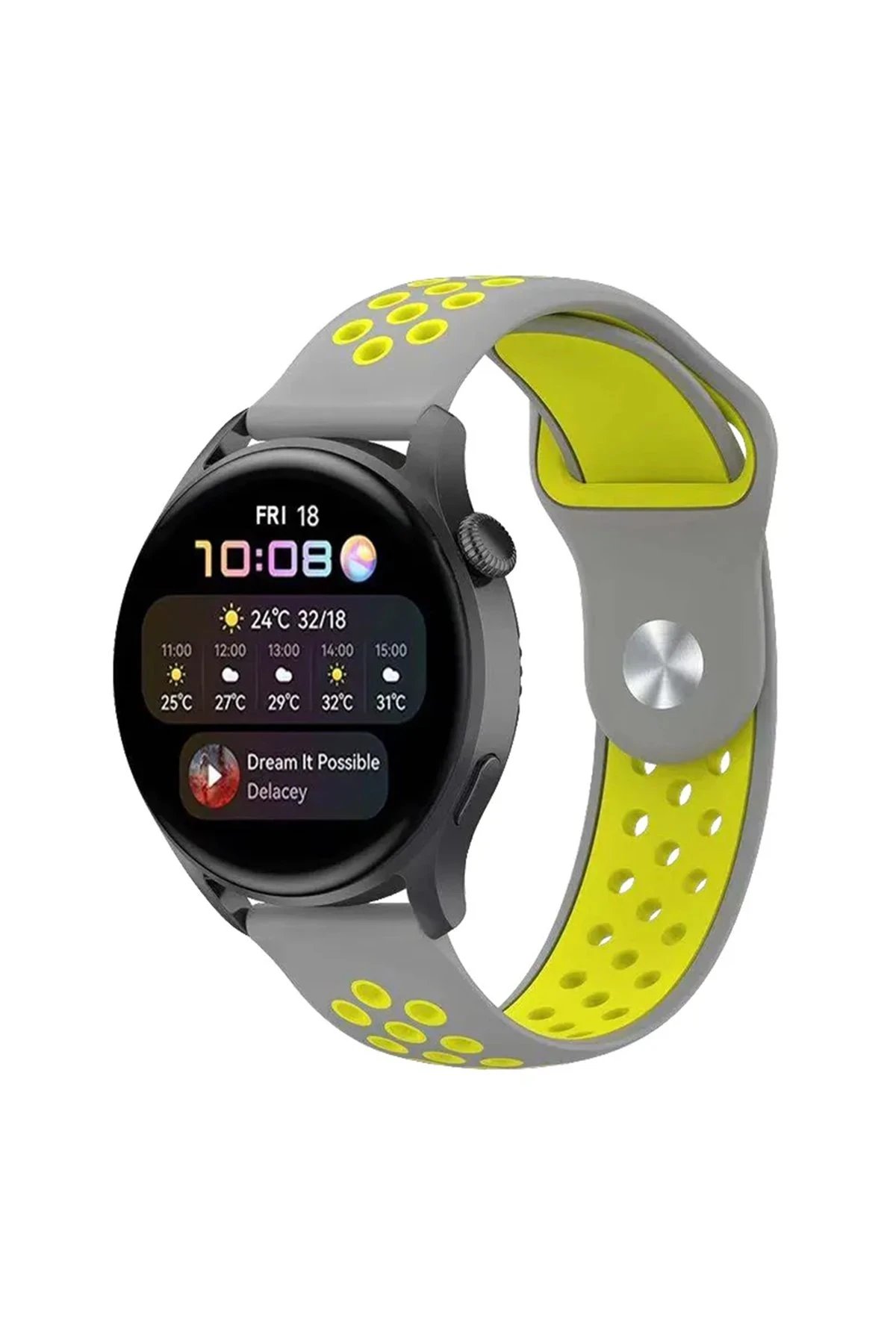 Watch 22mm Spor Delikli Kordon - Gri-Yeşil-(5796)