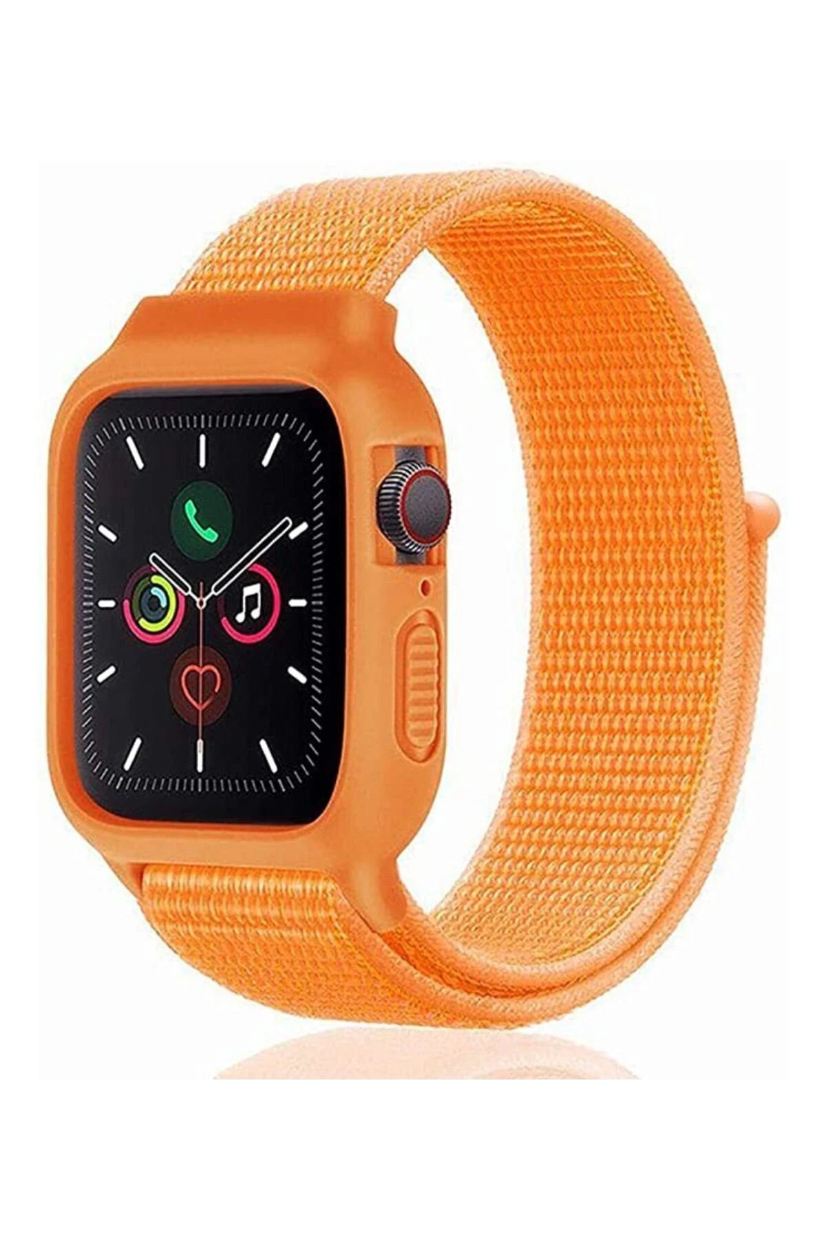 Apple Watch 42mm Hasırlı Cırtcırtlı Kasalı Kordon - Turuncu-(5796)