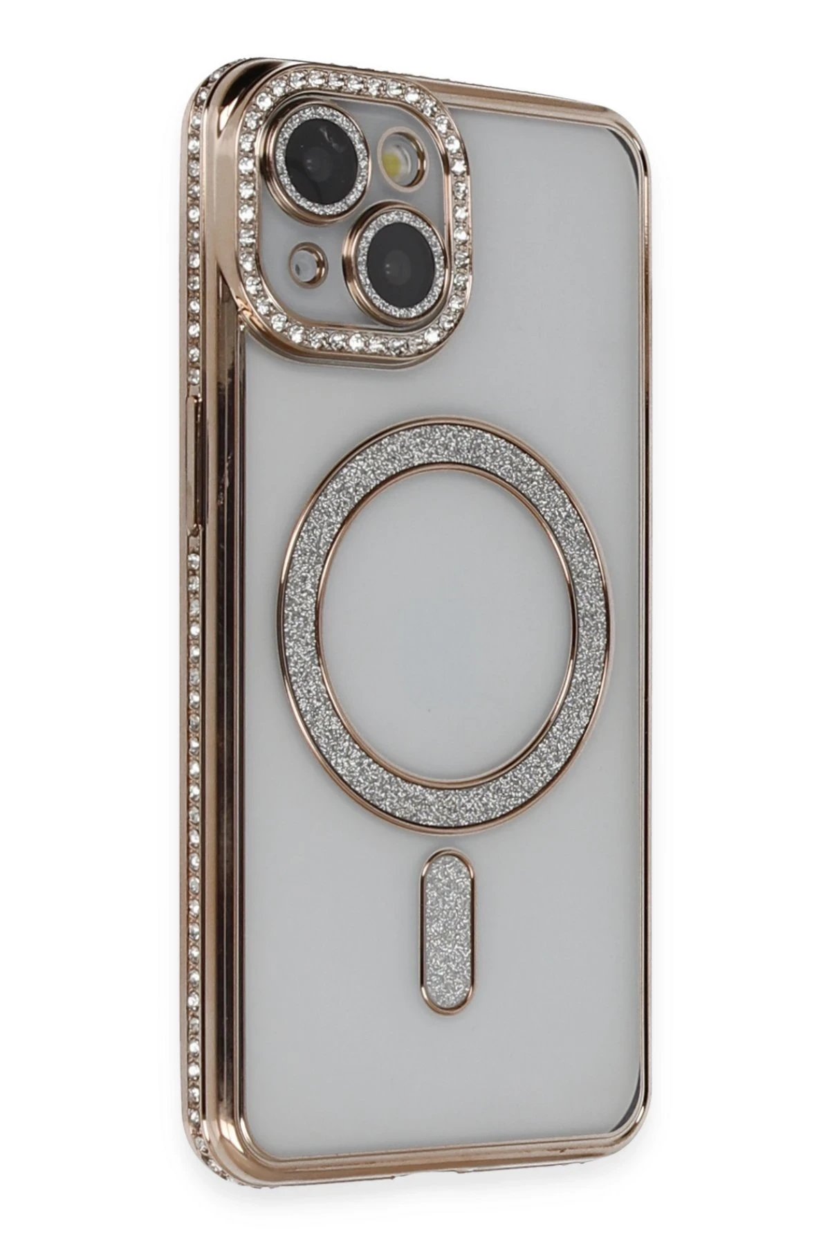 iPhone 14 Kılıf Joke Simli Magneticsafe Kılıf - Gold-(5796)