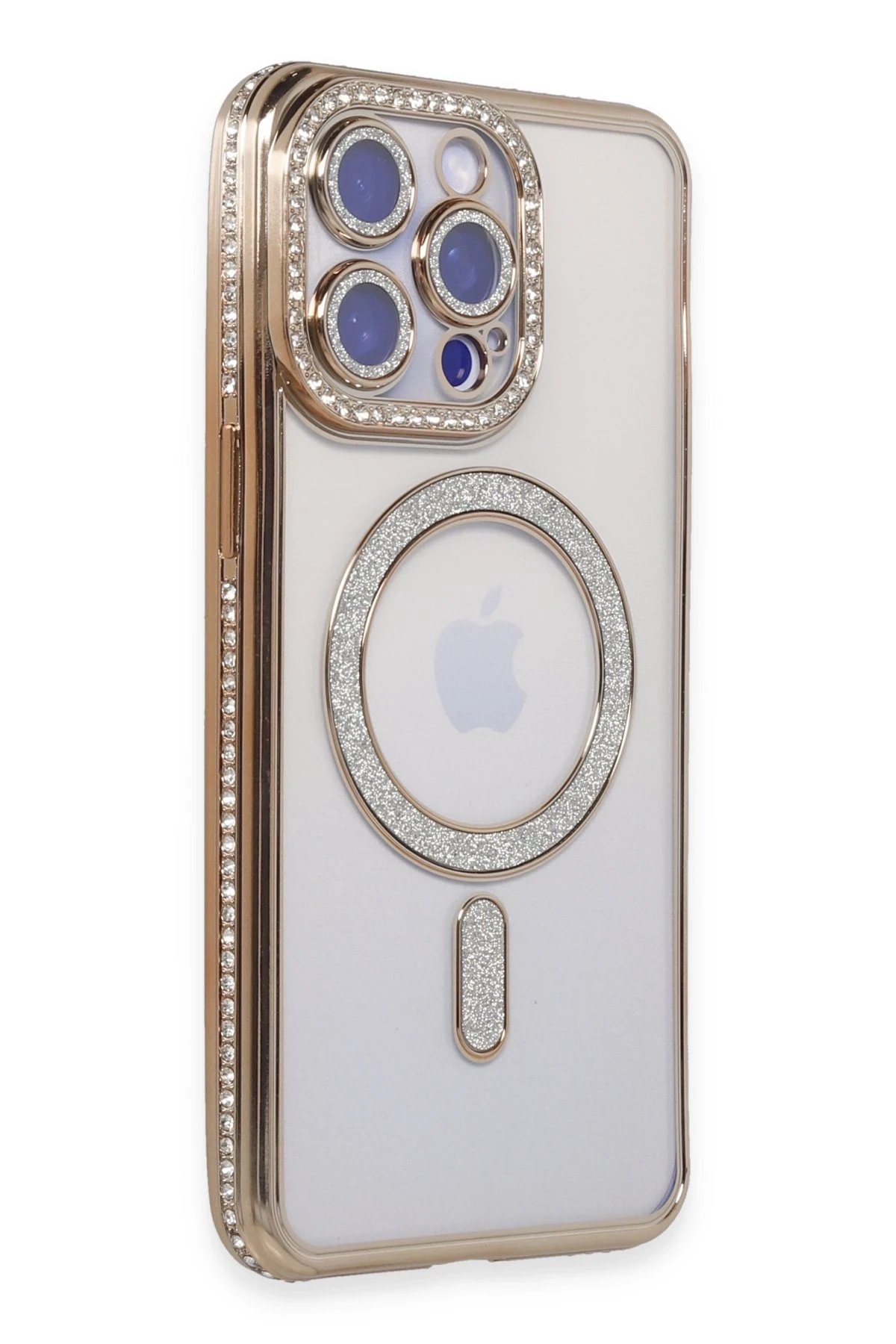 iPhone 14 Pro Max Kılıf Joke Simli Magneticsafe Kılıf - Gold-(5796)
