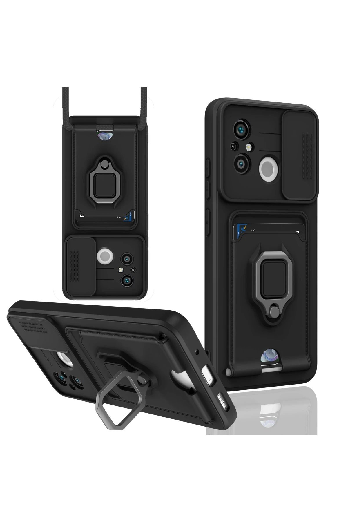 Xiaomi Redmi 12C Kılıf Zuma Kartvizitli Yüzüklü Silikon - Siyah-(5796)