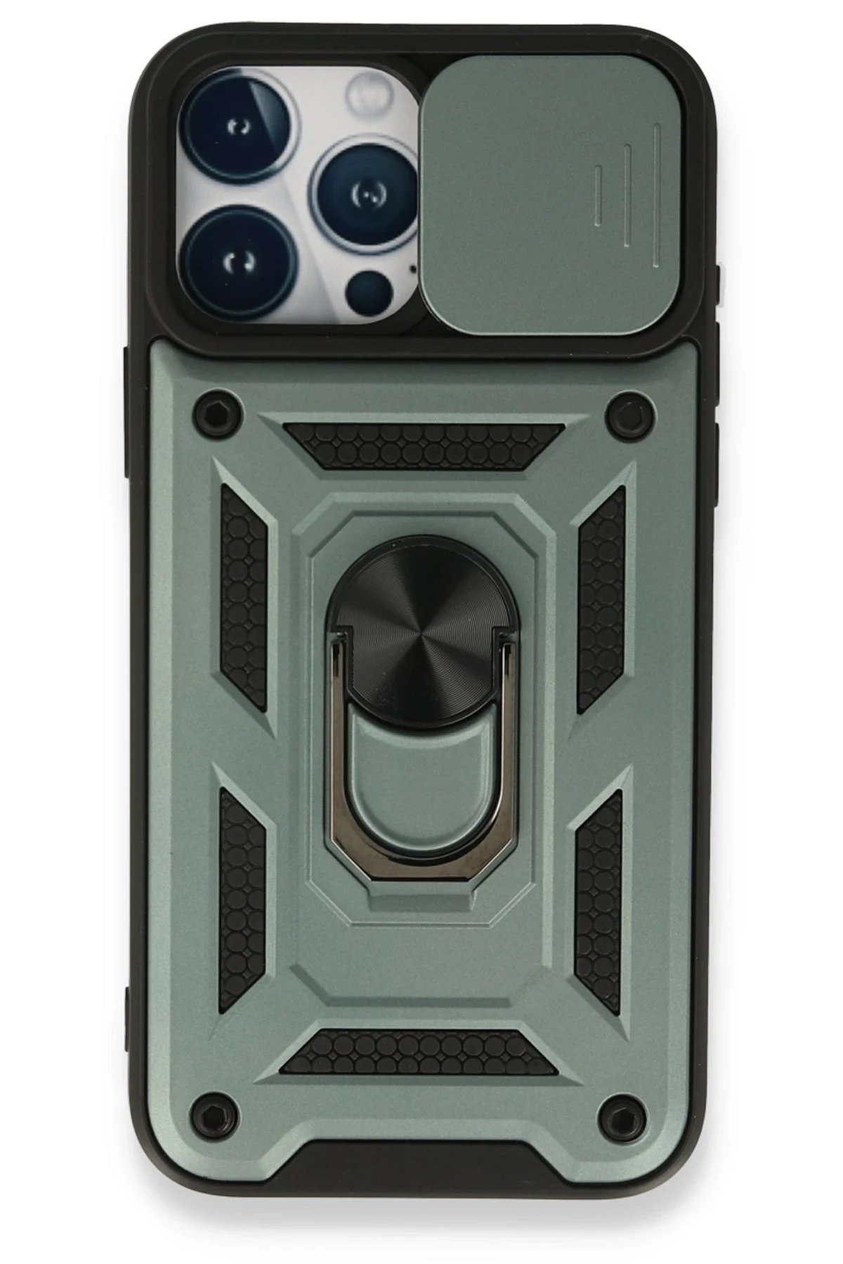 iPhone 15 Pro Kılıf Pars Lens Yüzüklü Silikon - Yeşil-(5796)