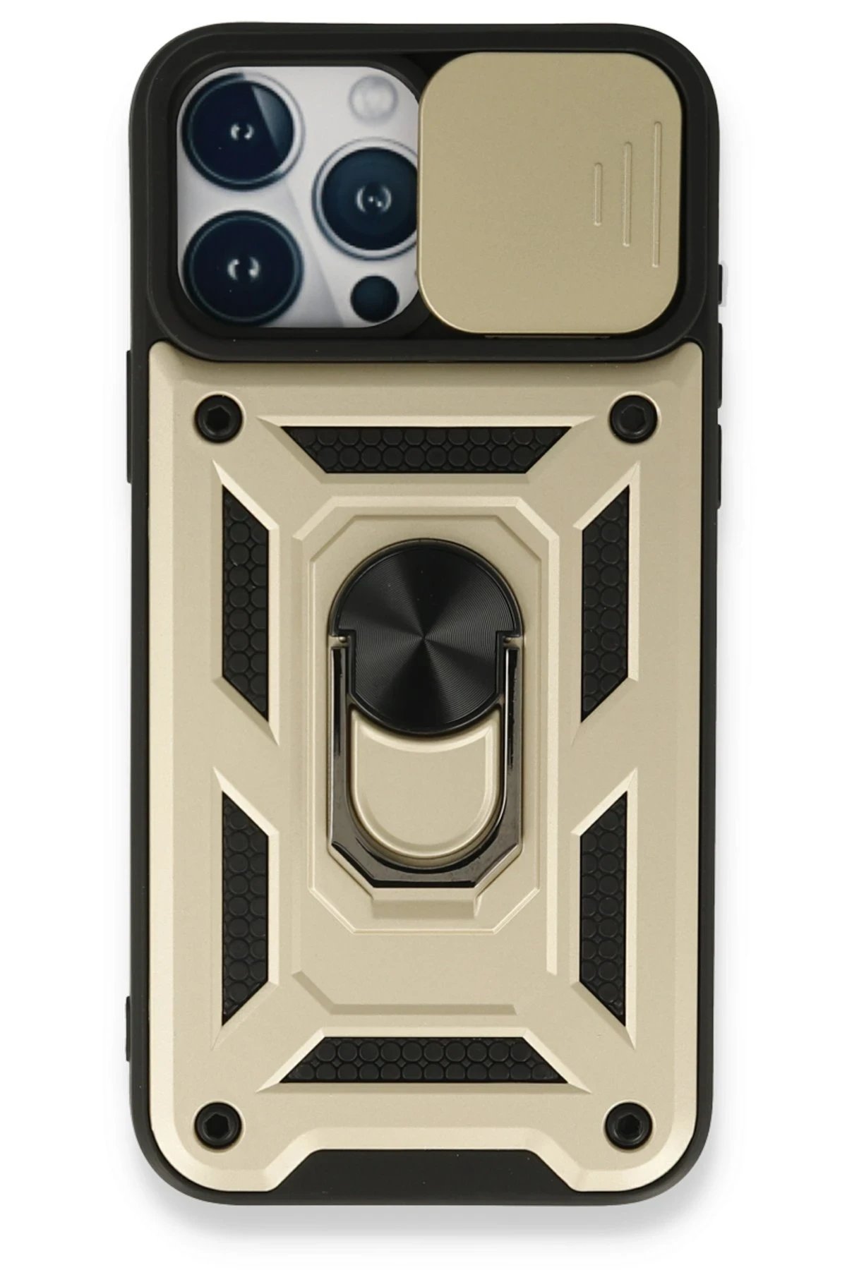 iPhone 15 Pro Max Kılıf Pars Lens Yüzüklü Silikon - Gold-(5796)