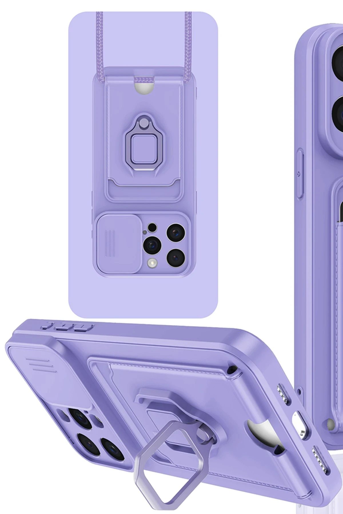 iPhone 15 Pro Kılıf Zuma Kartvizitli Yüzüklü Silikon - Lila-(5796)