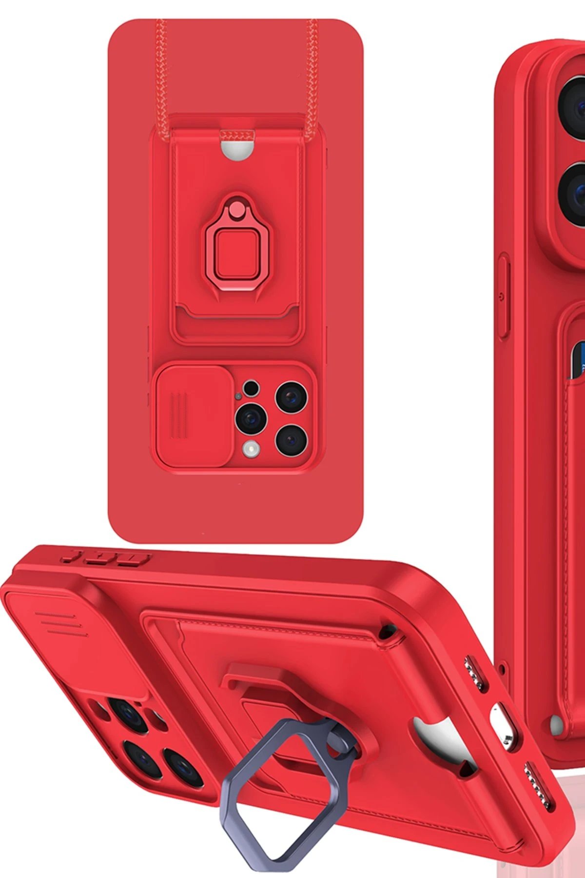 iPhone 15 Pro Max Kılıf Zuma Kartvizitli Yüzüklü Silikon - Kırmızı-(5796)