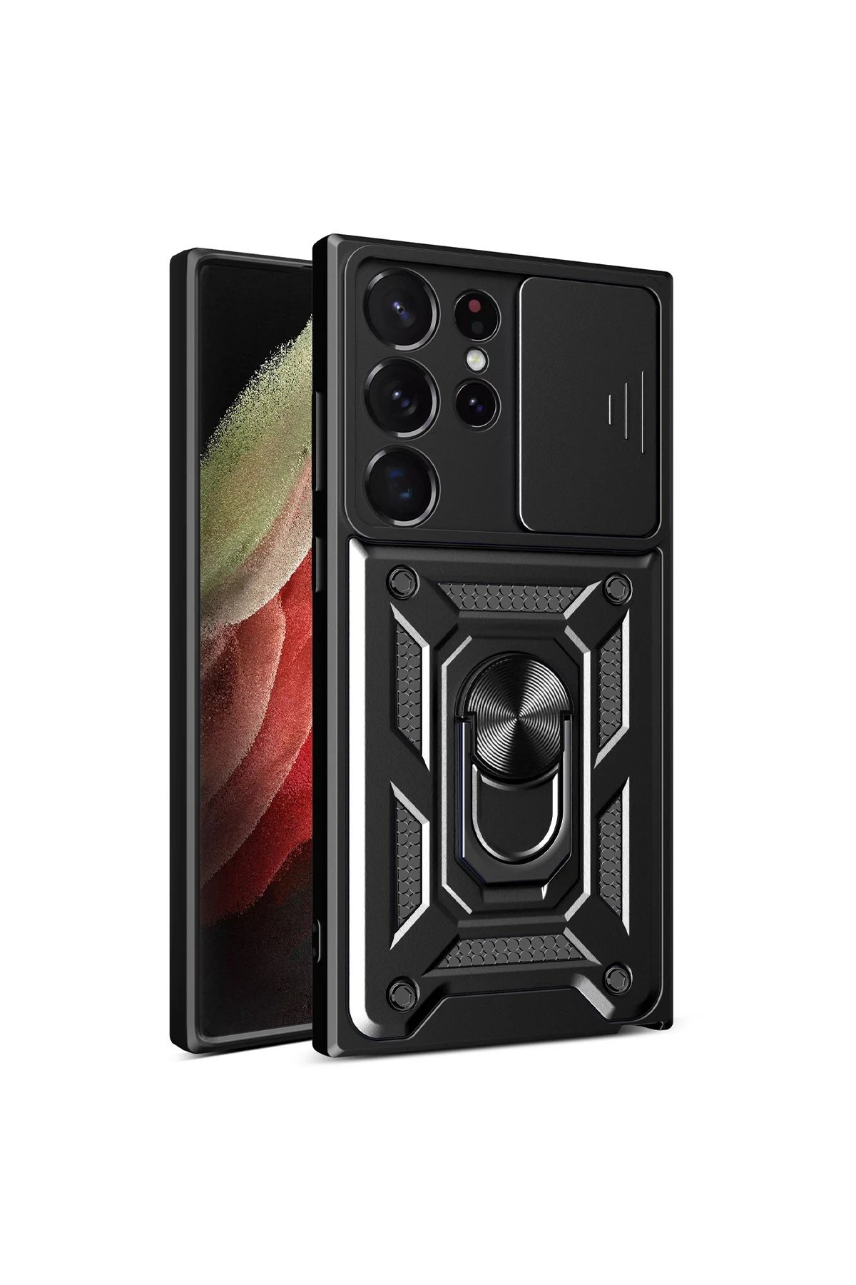 Samsung Galaxy S23 Ultra Kılıf Pars Lens Yüzüklü Silikon - Siyah-(5796)