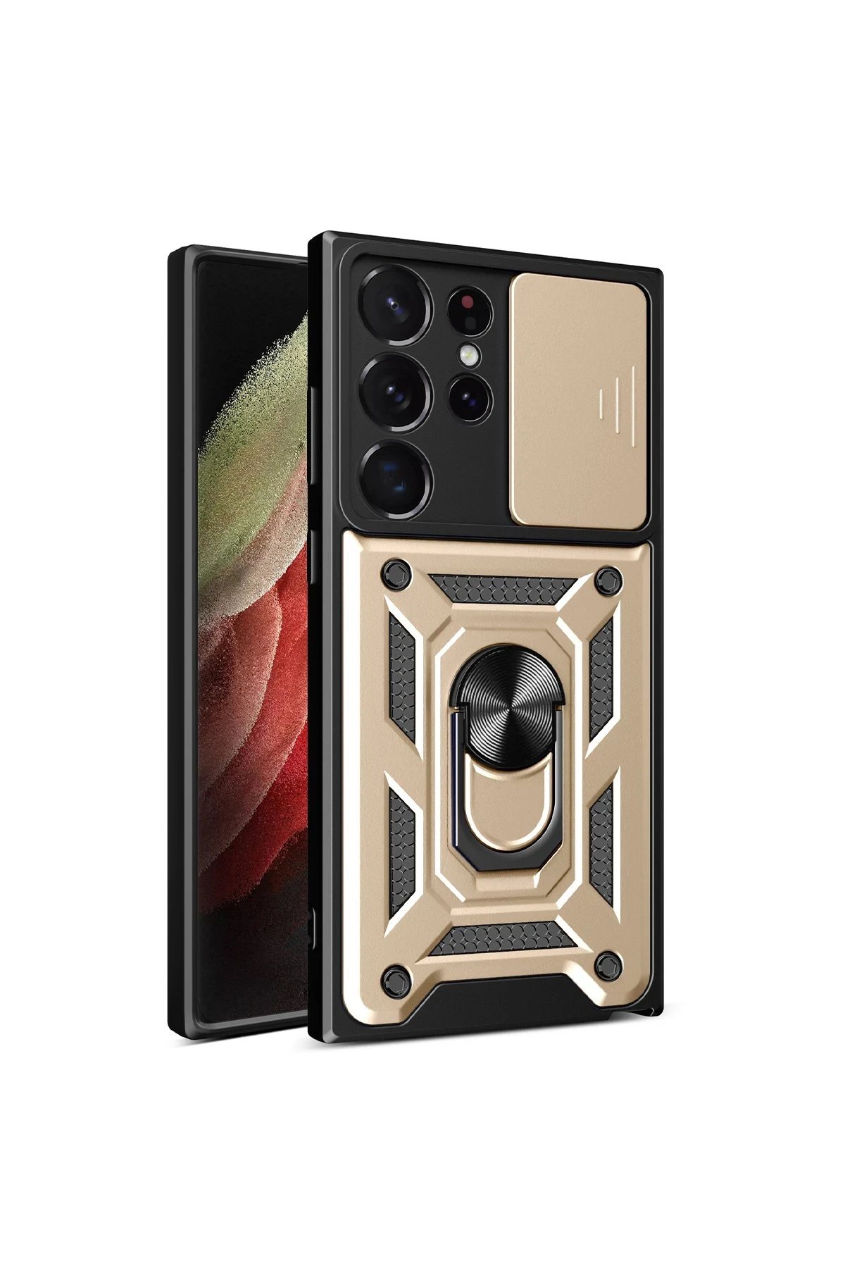 Samsung Galaxy S23 Ultra Kılıf Pars Lens Yüzüklü Silikon - Gold-(5796)