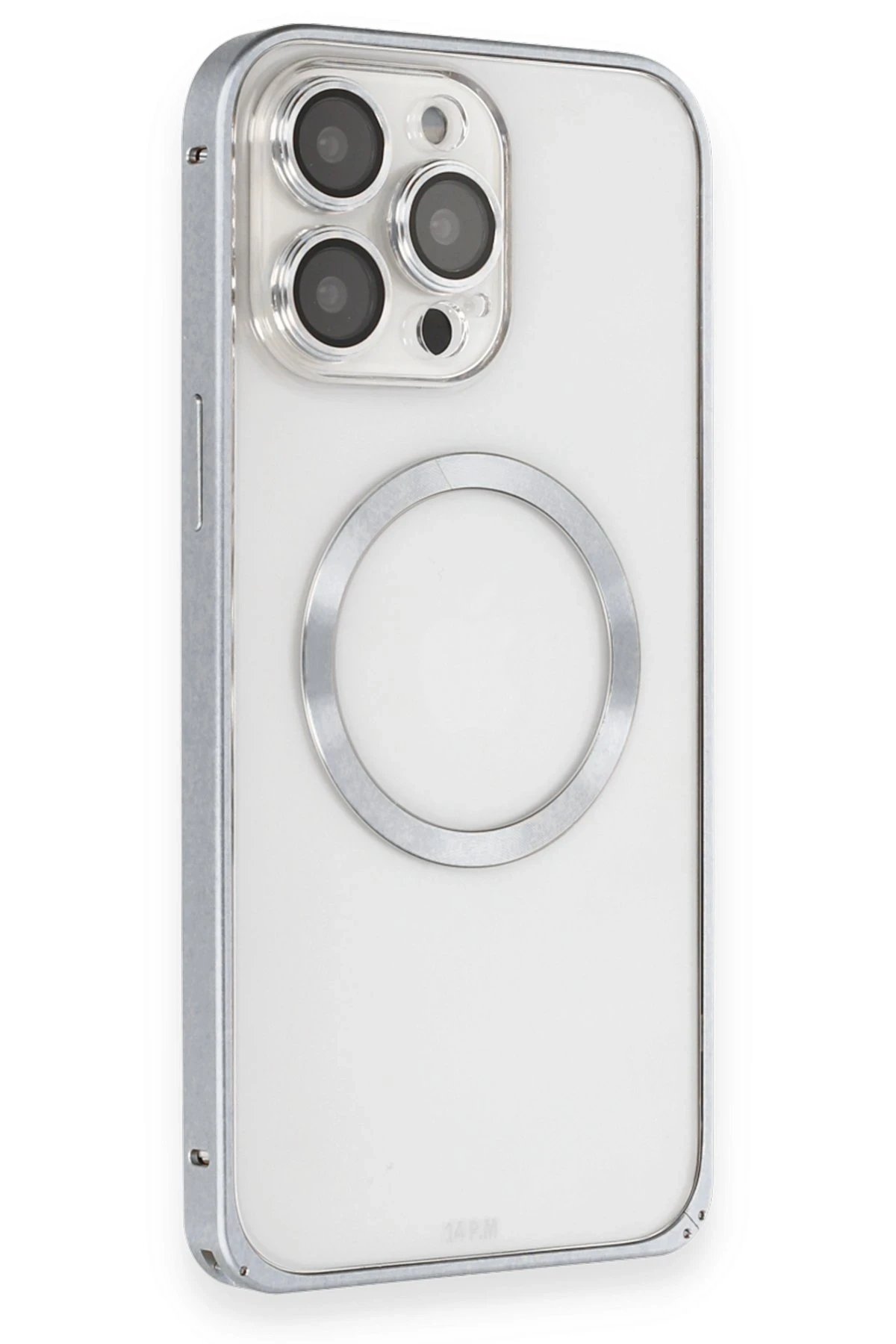 iPhone 15 Pro Kılıf Metal Bumper Magneticsafe Kapak - Gri-(5796)