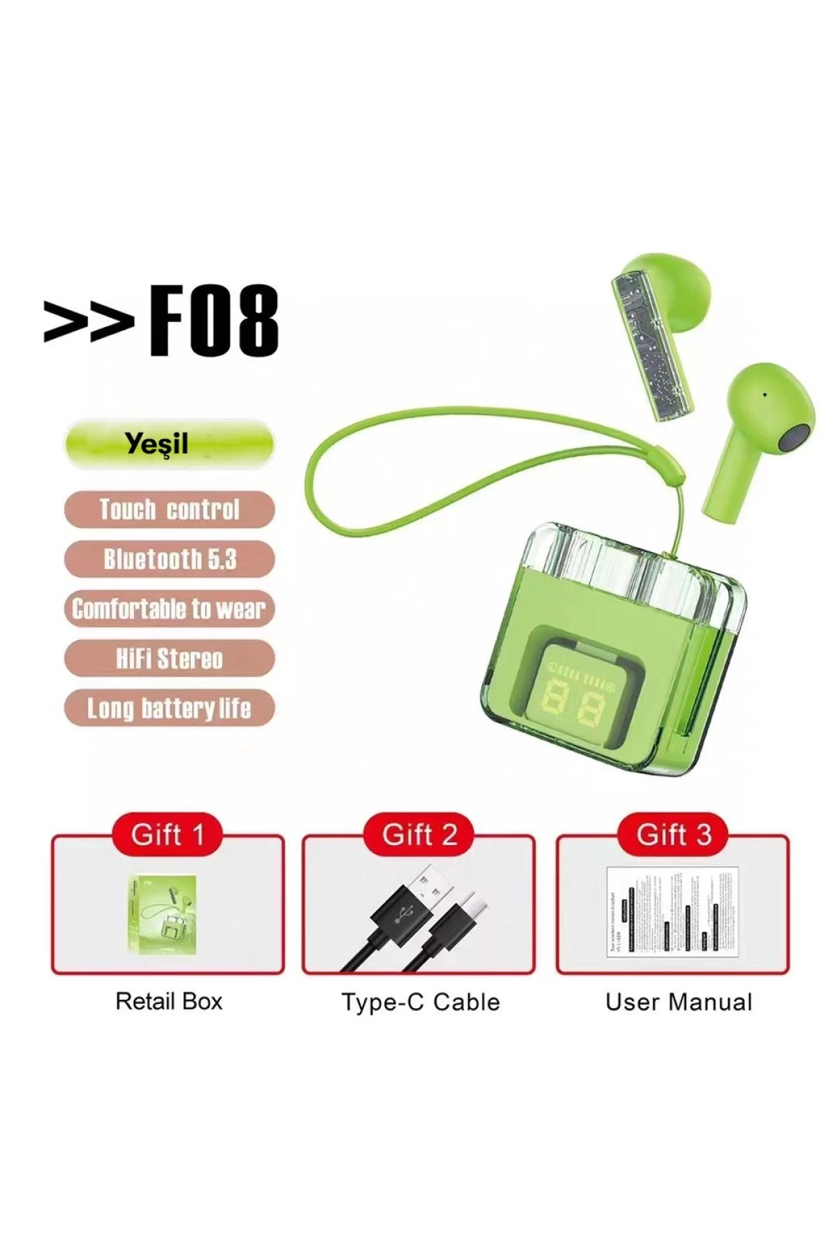 F08 Dijital Şarj Göstergeli TWS Bluetooth Kulaklık - Yeşil-(5796)