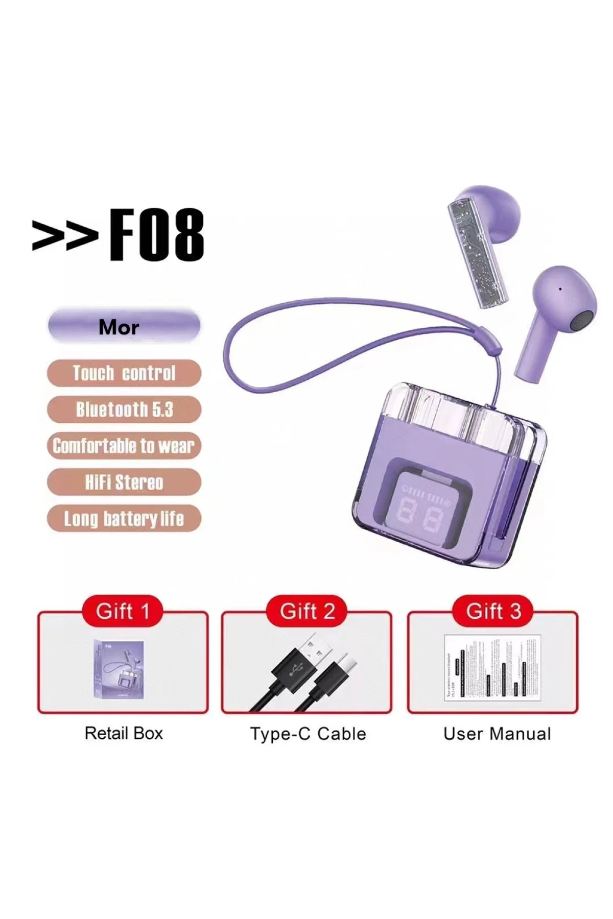 F08 Dijital Şarj Göstergeli TWS Bluetooth Kulaklık - Mor-(5796)