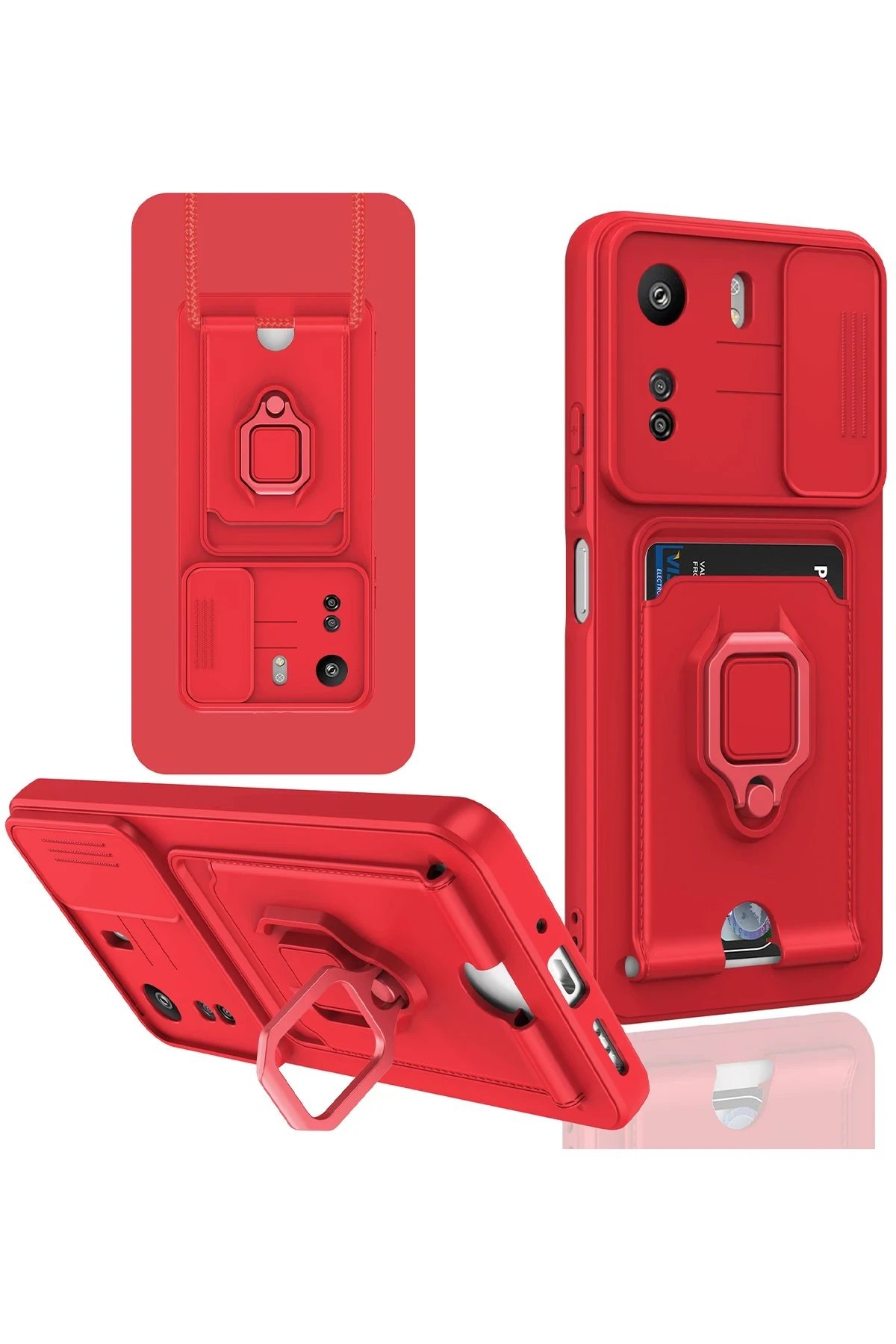 Xiaomi Redmi 13C Kılıf Zuma Kartvizitli Yüzüklü Silikon - Kırmızı-(5796)