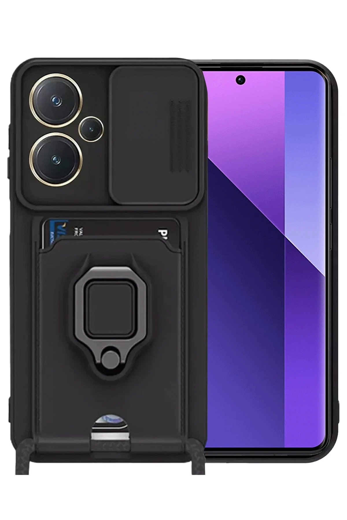 Xiaomi Redmi Note 13 Pro Plus Kılıf Zuma Kartvizitli Yüzüklü Silikon - Siyah-(5796)