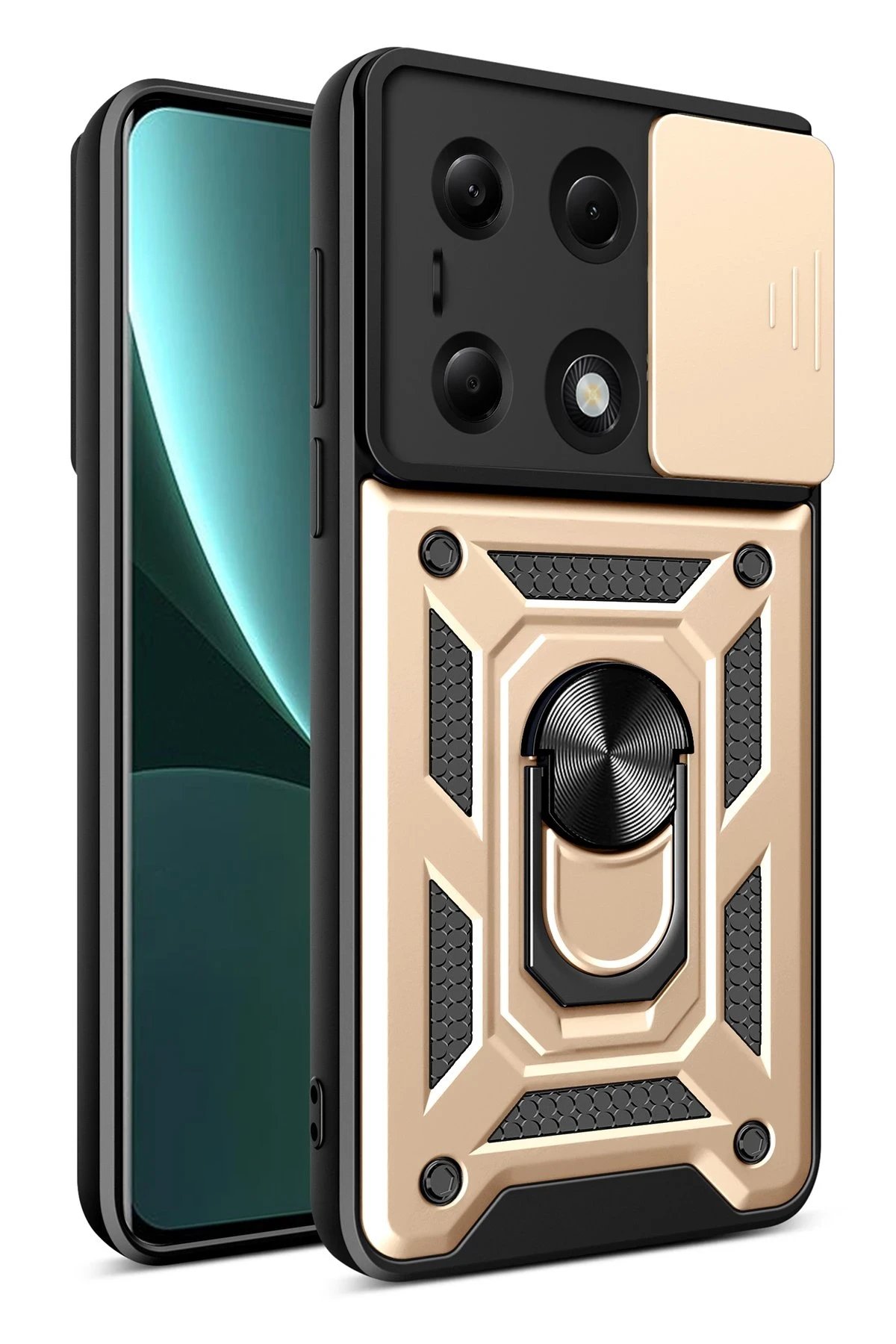 Xiaomi Poco M6 Pro 4G Kılıf Pars Lens Yüzüklü Silikon - Gold-(5796)