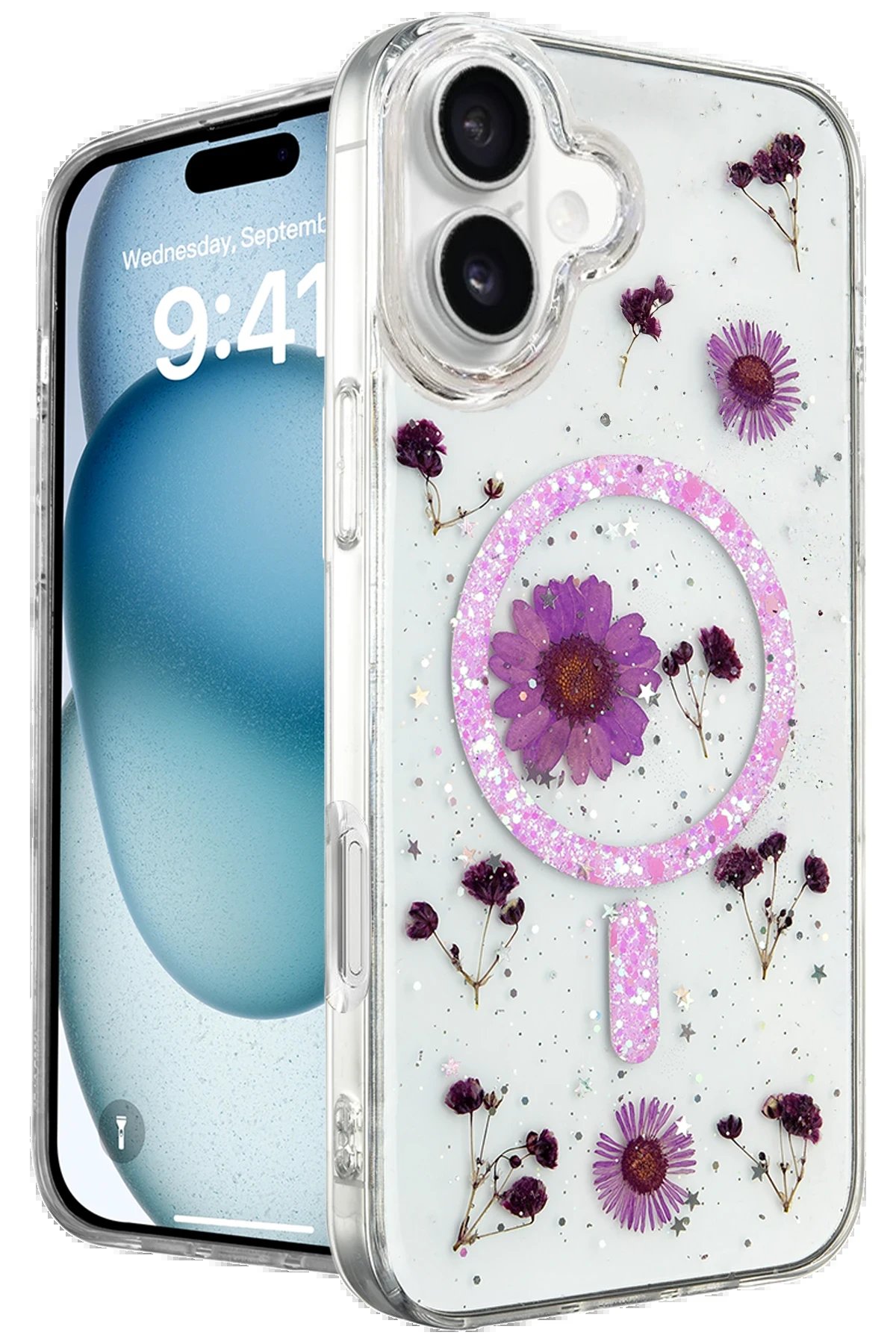 iPhone 16 Kılıf Daisy Simli Magsafe Kapak - Mor-(5796)