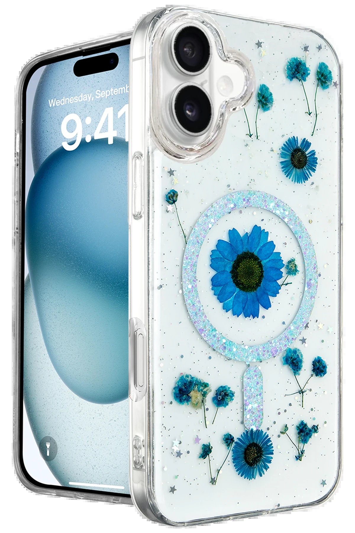 iPhone 16 Kılıf Daisy Simli Magsafe Kapak - Mavi-(5796)