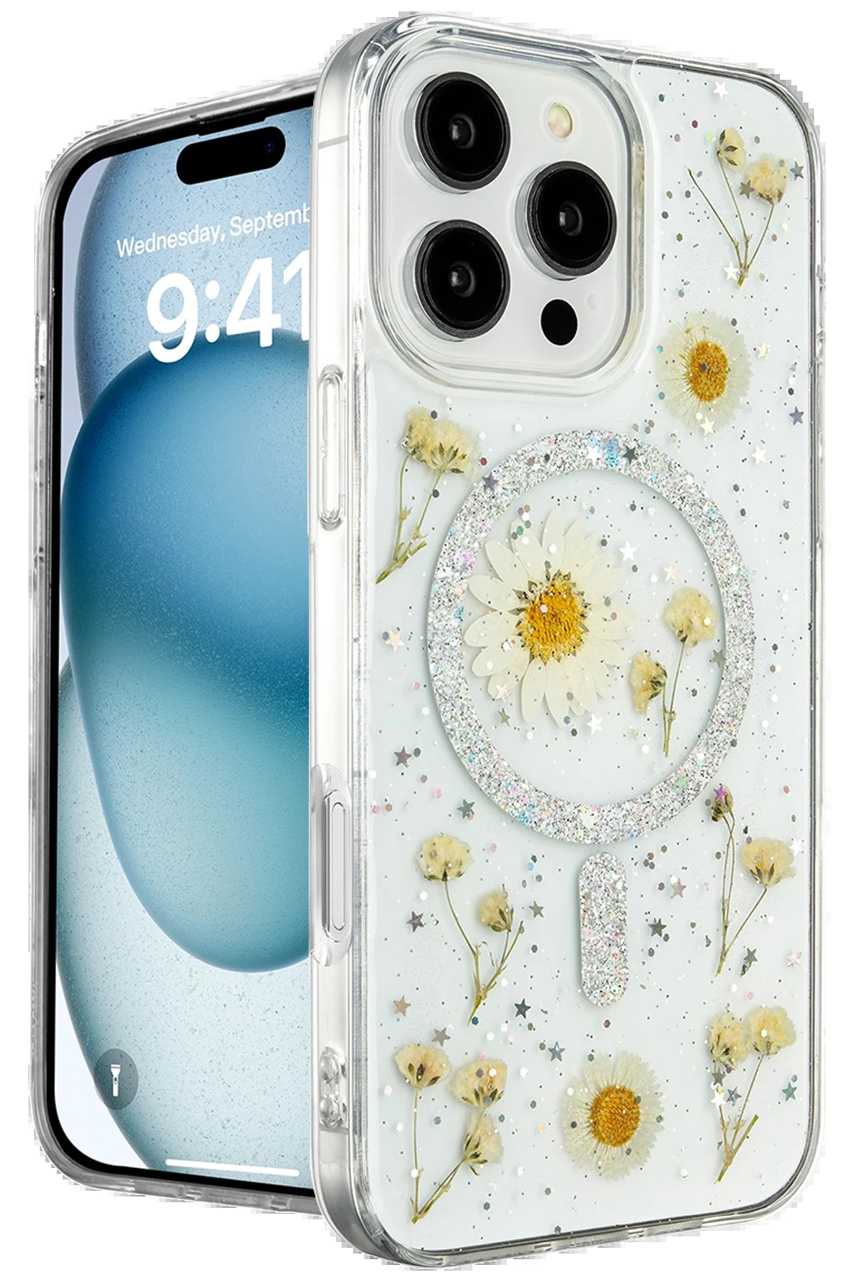 iPhone 16 Pro Kılıf Daisy Simli Magsafe Kapak - Gümüş-(5796)