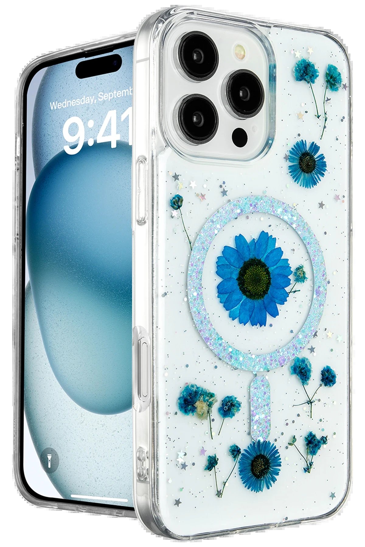iPhone 16 Pro Kılıf Daisy Simli Magsafe Kapak - Mavi-(5796)