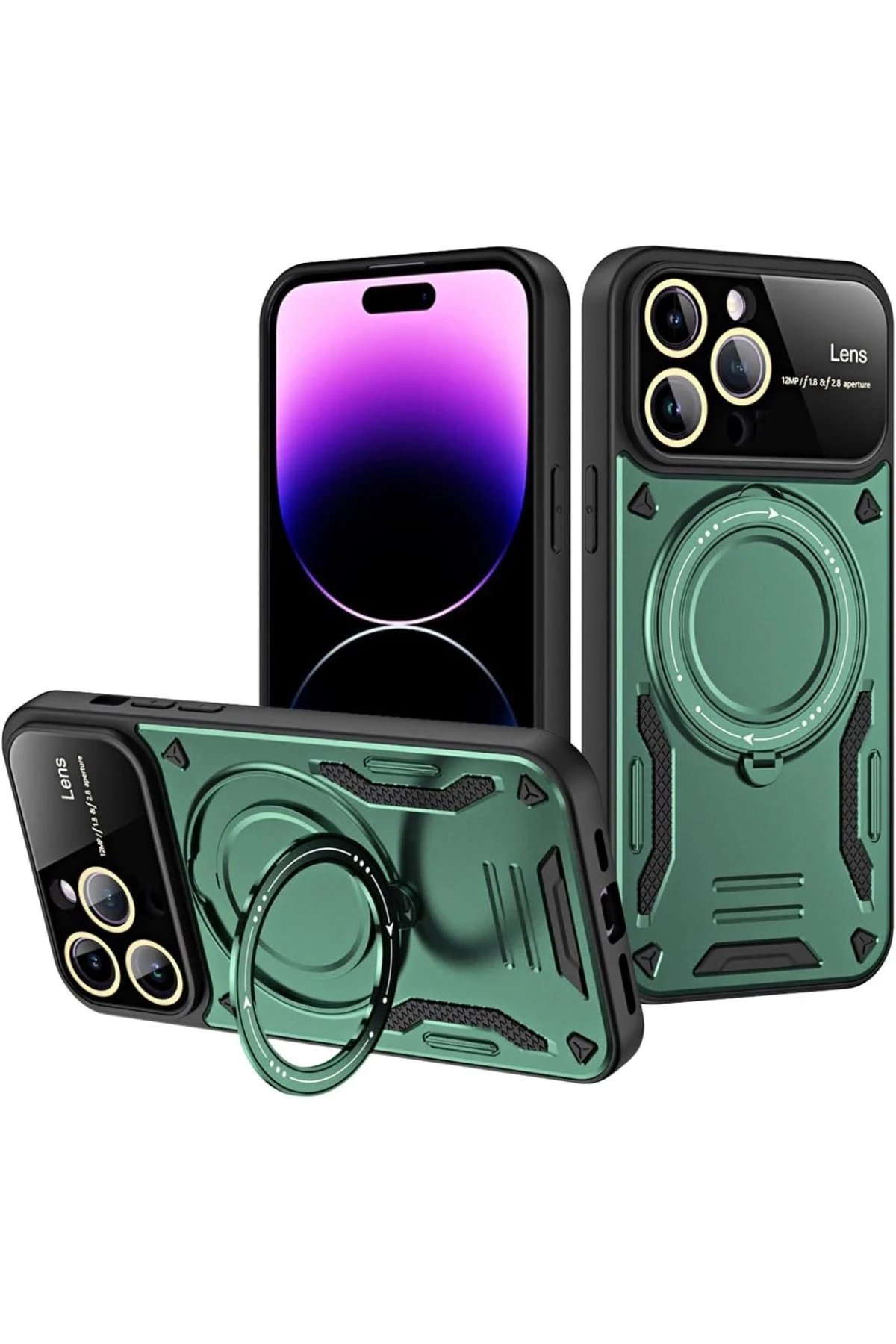 iPhone 16 Pro Max Kılıf Joy Lens Standlı Kapak - Koyu Yeşil-(5796)