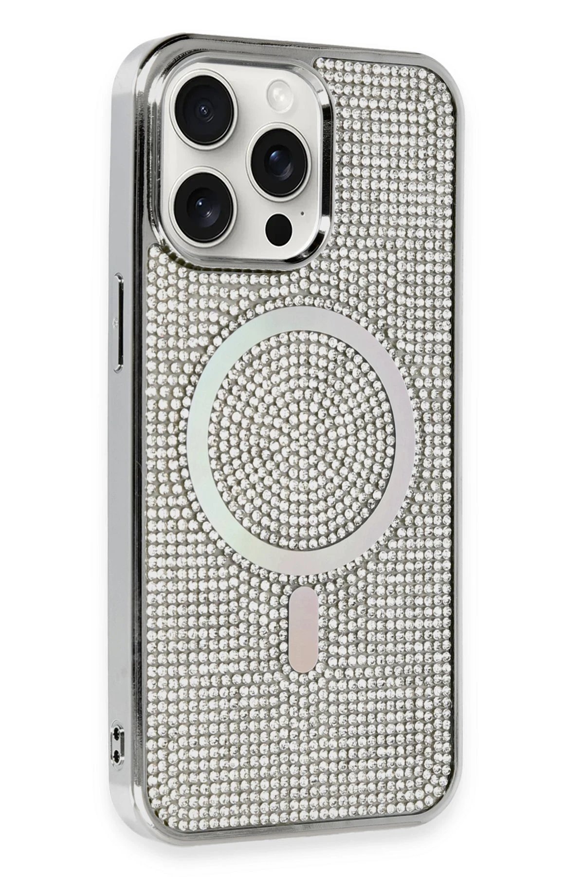 iPhone 15 Pro Kılıf Diamond Magsafe Kapak - Gümüş-(5796)