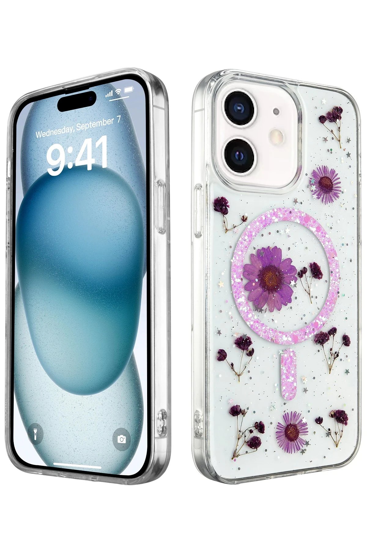 iPhone 12 Kılıf Daisy Simli Magsafe Kapak - Mor-(5796)