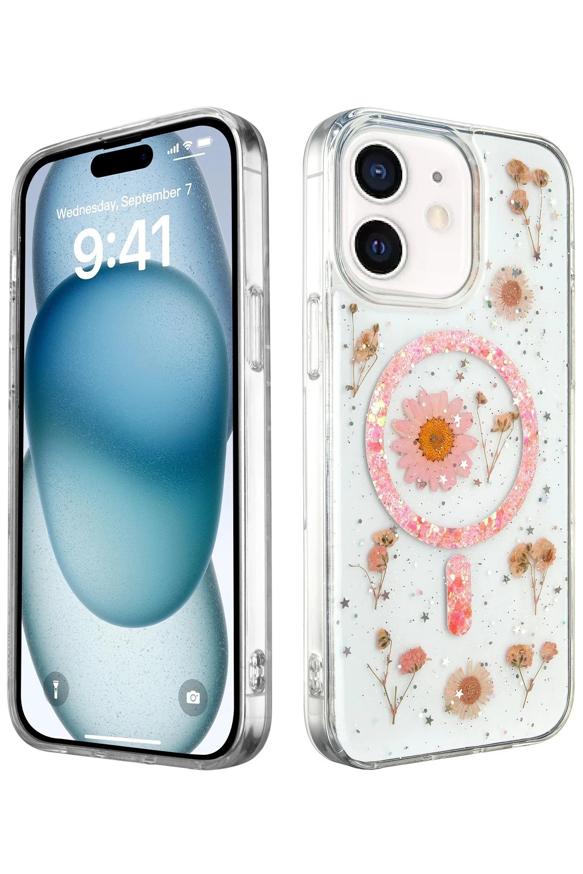 iPhone 12 Kılıf Daisy Simli Magsafe Kapak - Pembe-(5796)