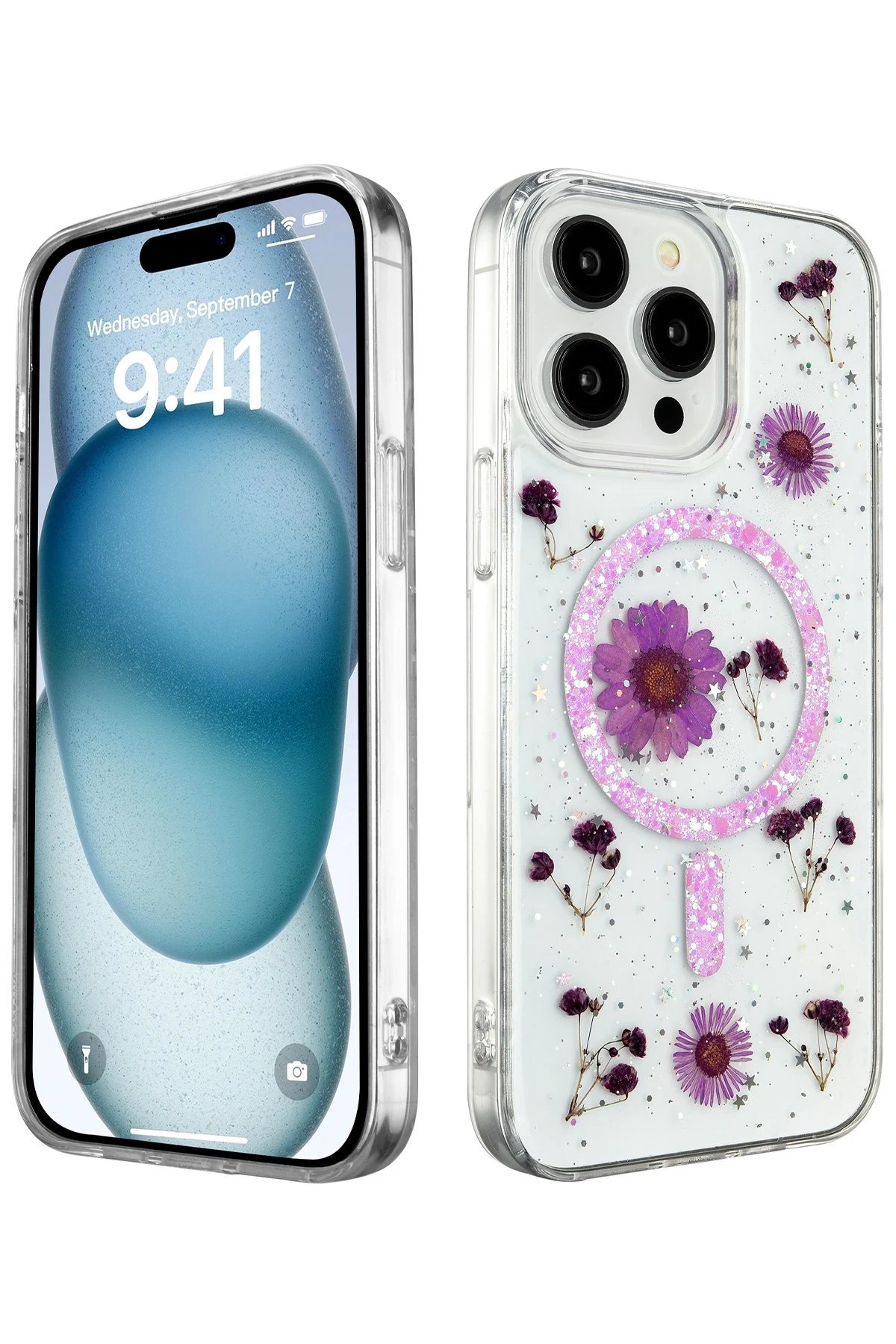 iPhone 14 Pro Kılıf Daisy Simli Magsafe Kapak - Mor-(5796)