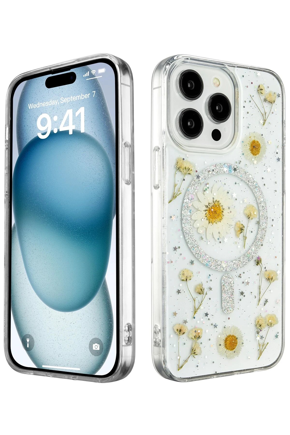 iPhone 14 Pro Kılıf Daisy Simli Magsafe Kapak - Gümüş-(5796)