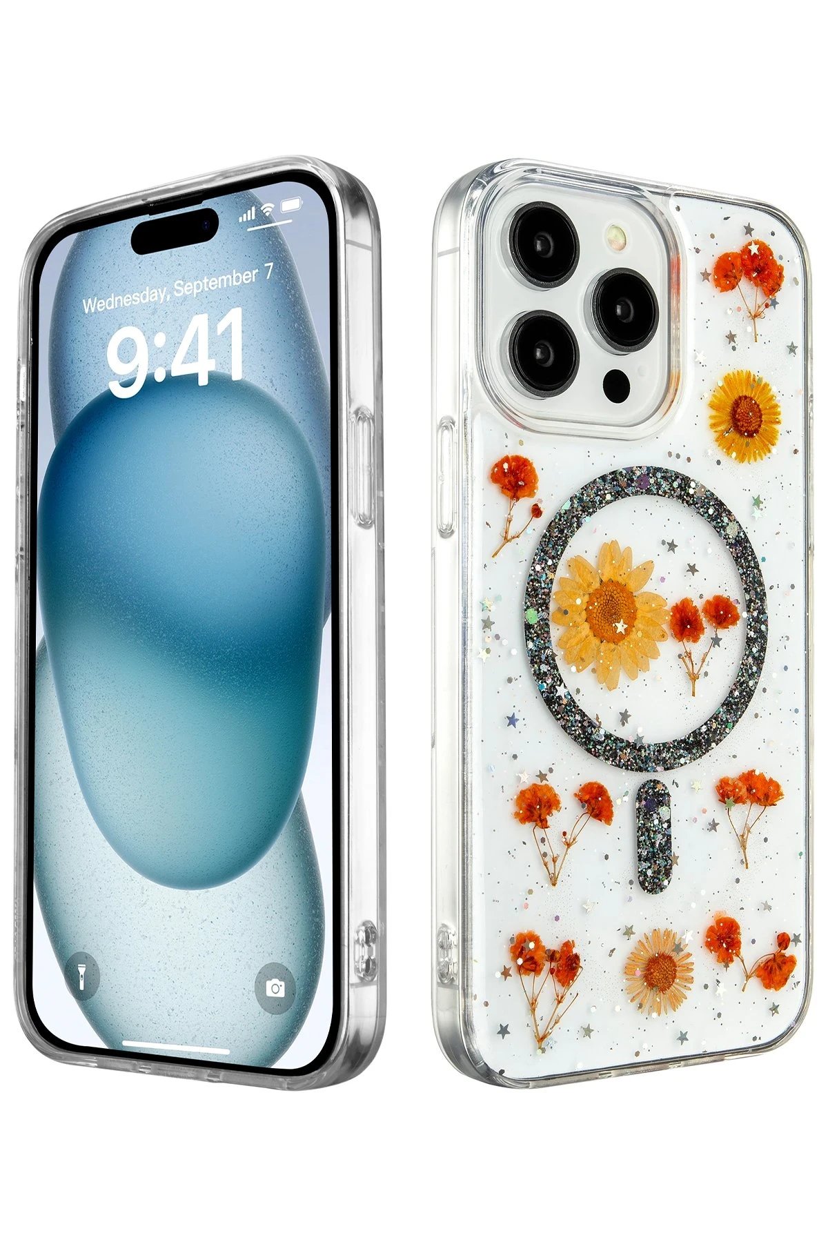 iPhone 15 Pro Kılıf Daisy Simli Magsafe Kapak - Siyah-(5796)