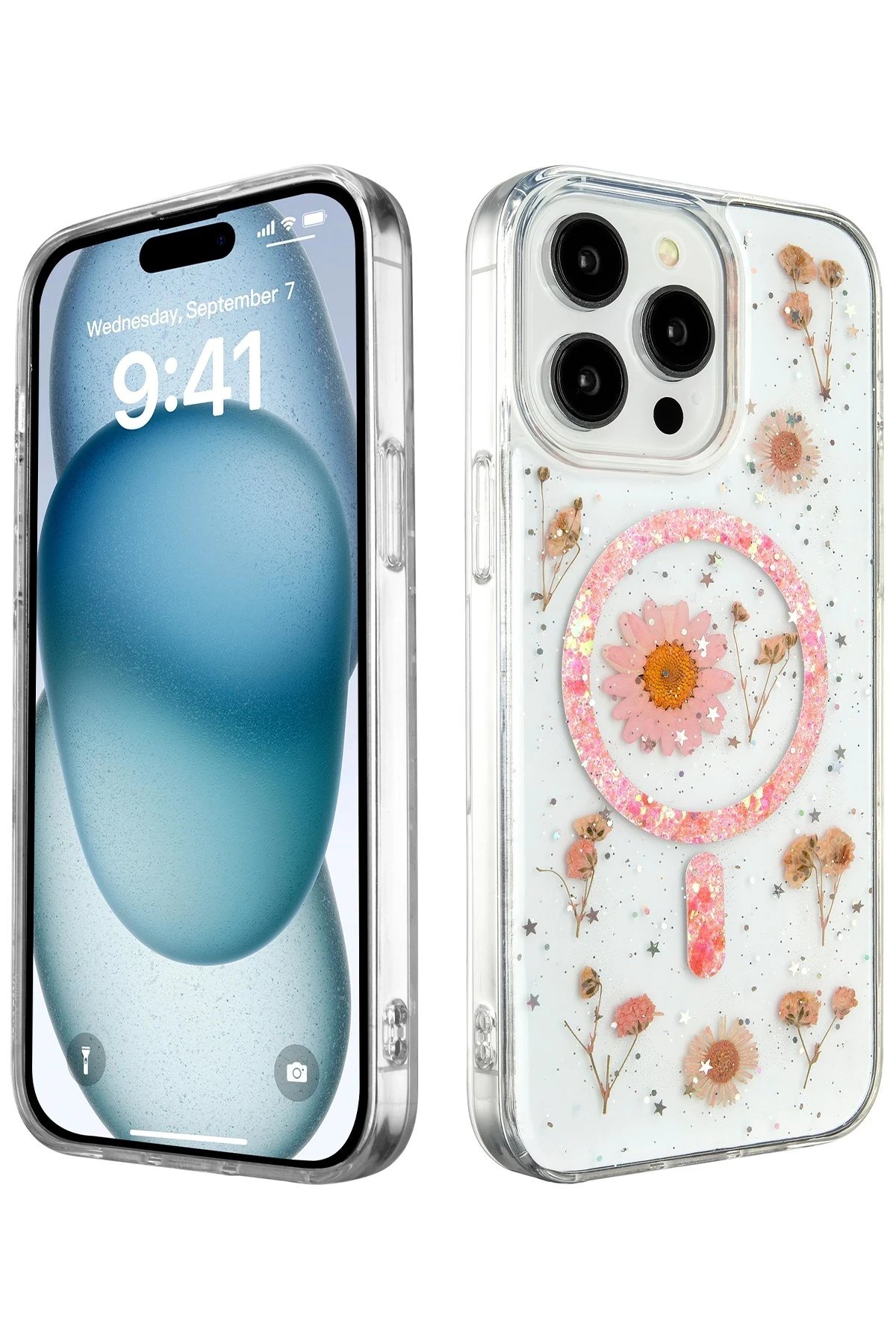 iPhone 15 Pro Kılıf Daisy Simli Magsafe Kapak - Pembe-(5796)