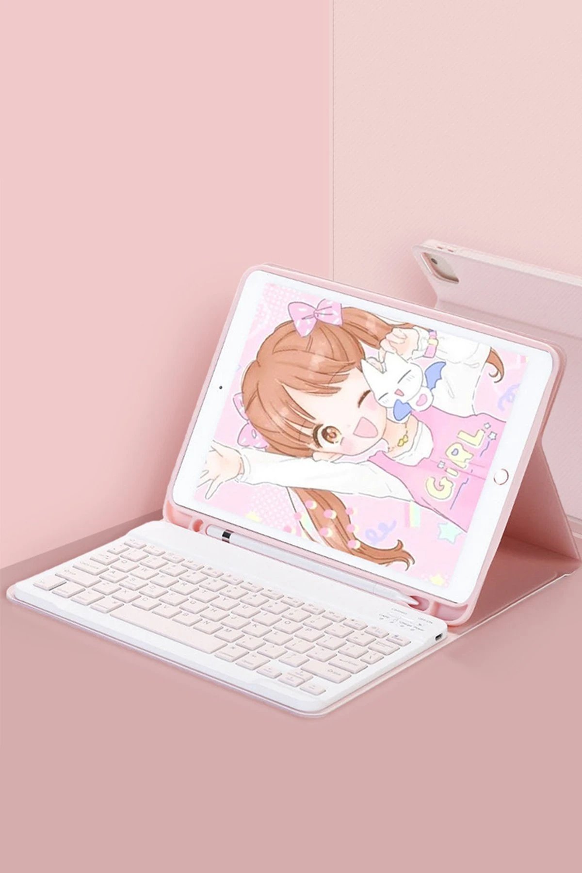 iPad 5 Air 9.7 Kılıf KC01 Smart Klavyeli Tablet Kılıfı - Pembe-(5796)