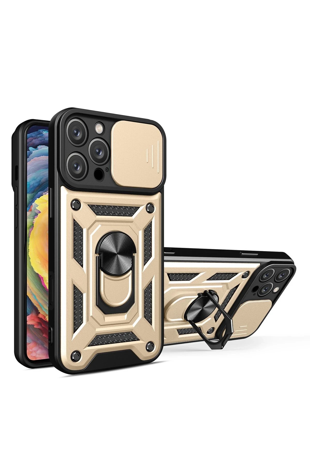 iPhone 16 Pro Kılıf Pars Lens Yüzüklü Silikon - Gold-(5796)