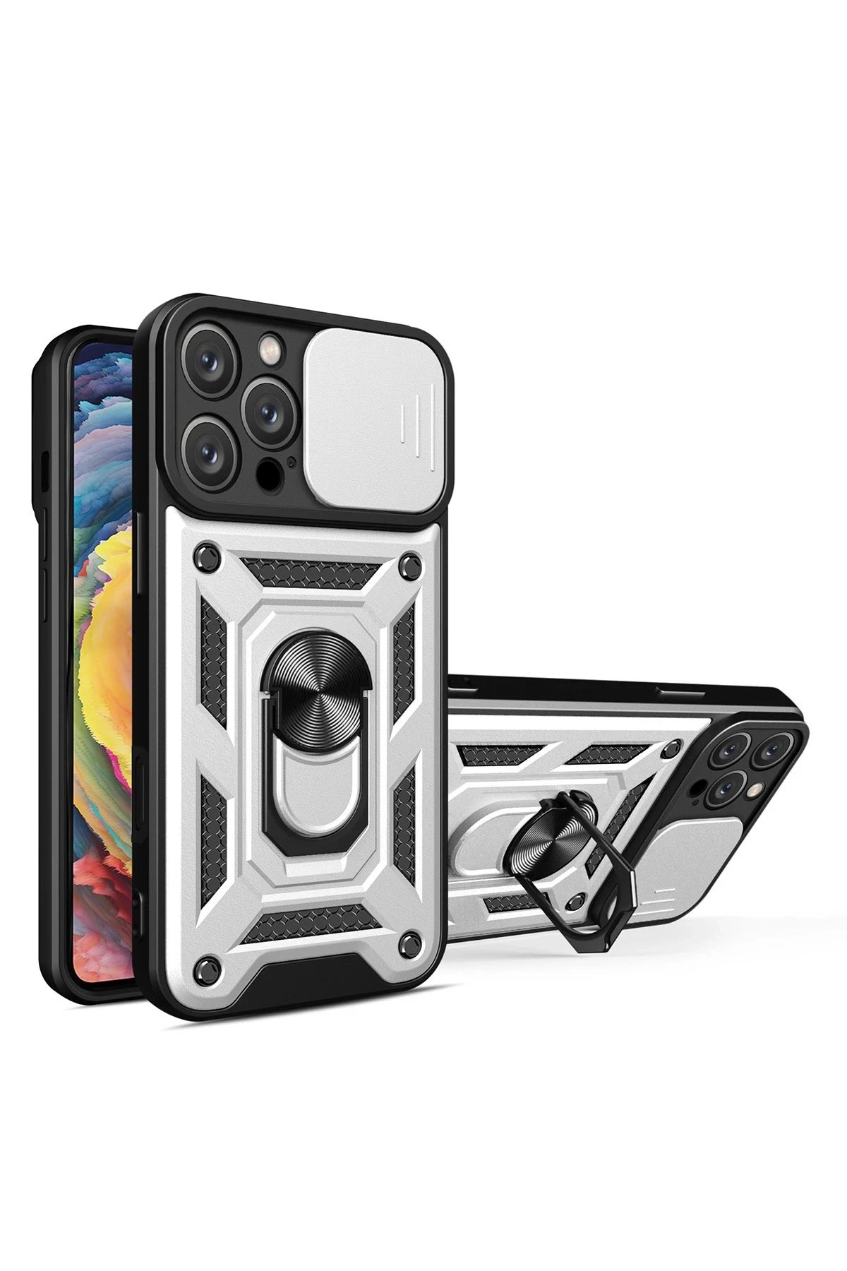 iPhone 16 Pro Kılıf Pars Lens Yüzüklü Silikon - Gümüş-(5796)