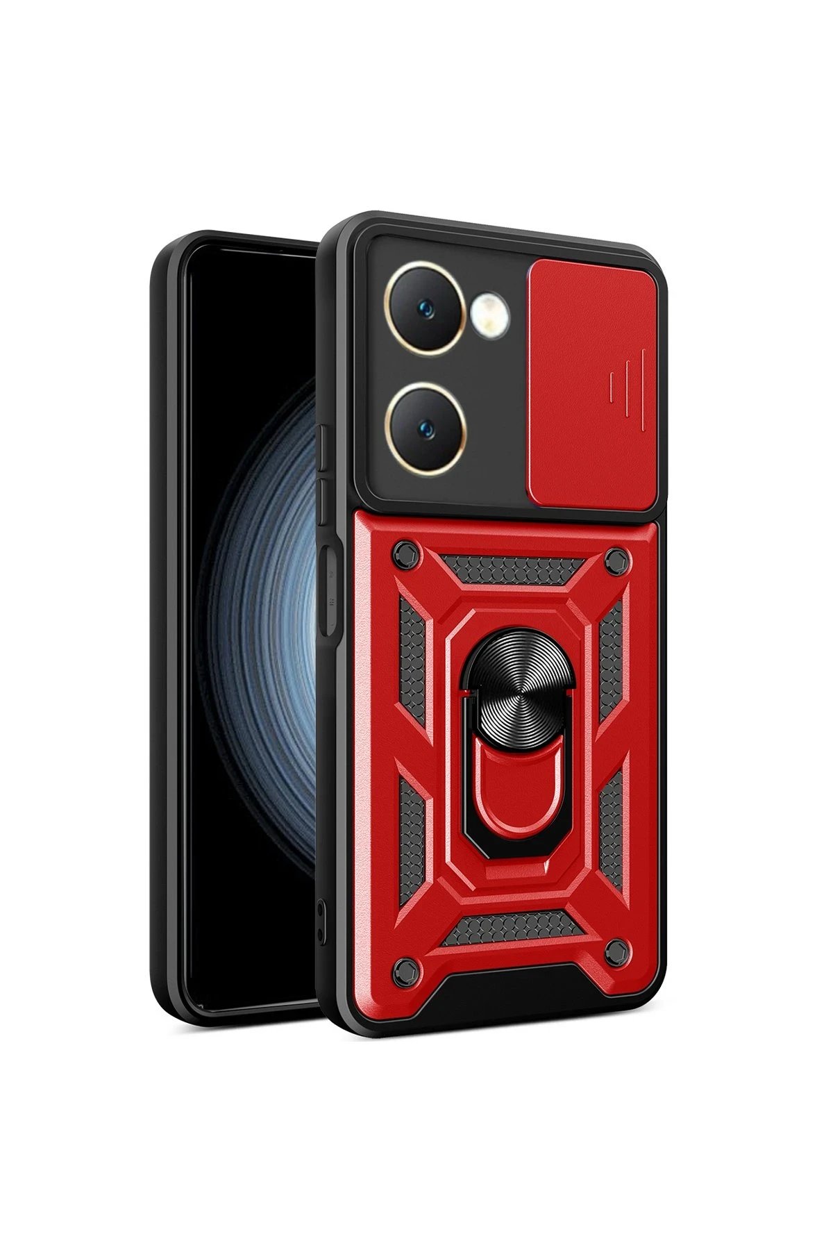 Vivo Y18 Kılıf Pars Lens Yüzüklü Silikon - Kırmızı-(5796)