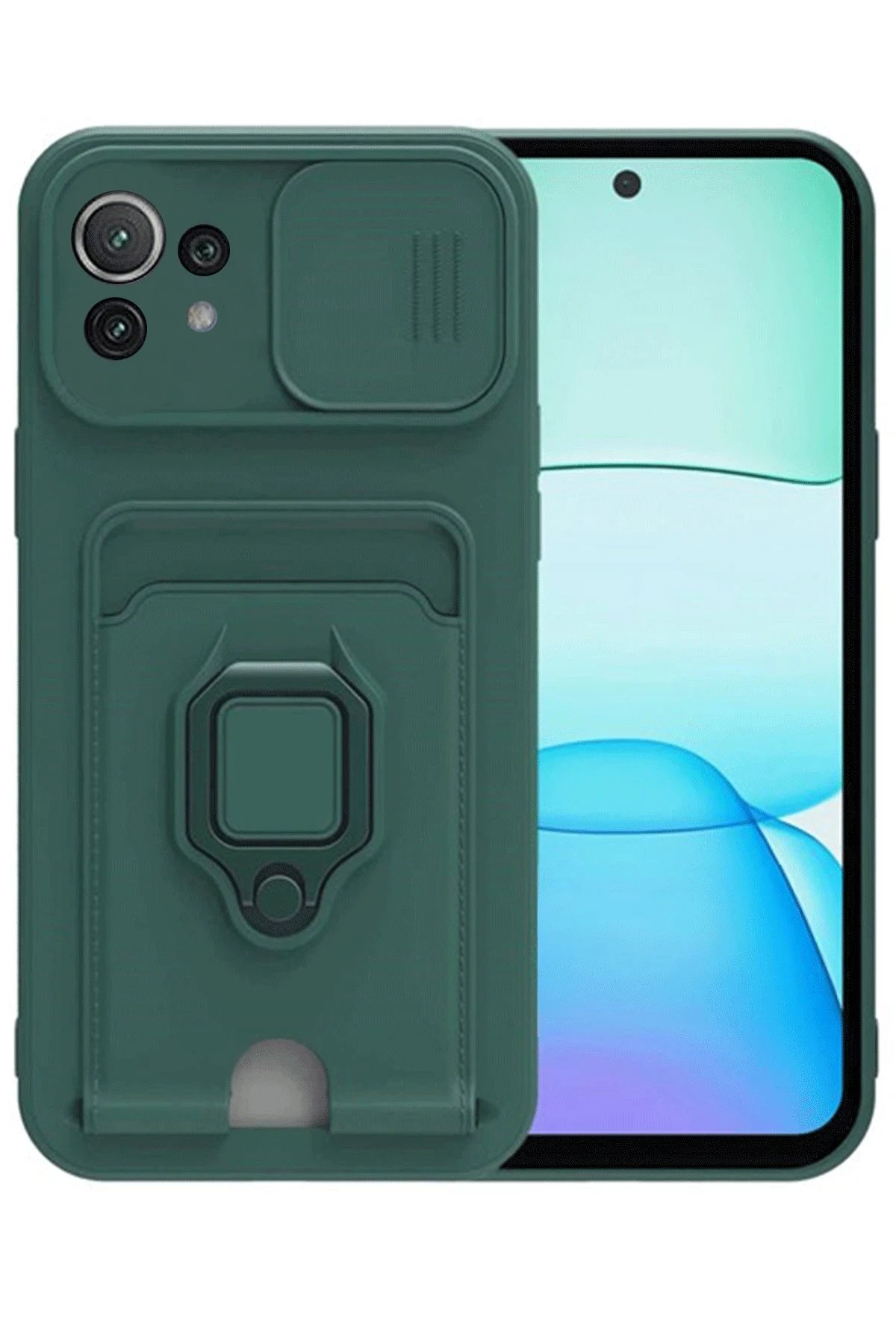 Xiaomi Mİ 11 Lite Kılıf Zuma Kartvizitli Yüzüklü Silikon - Yeşil-(5796)